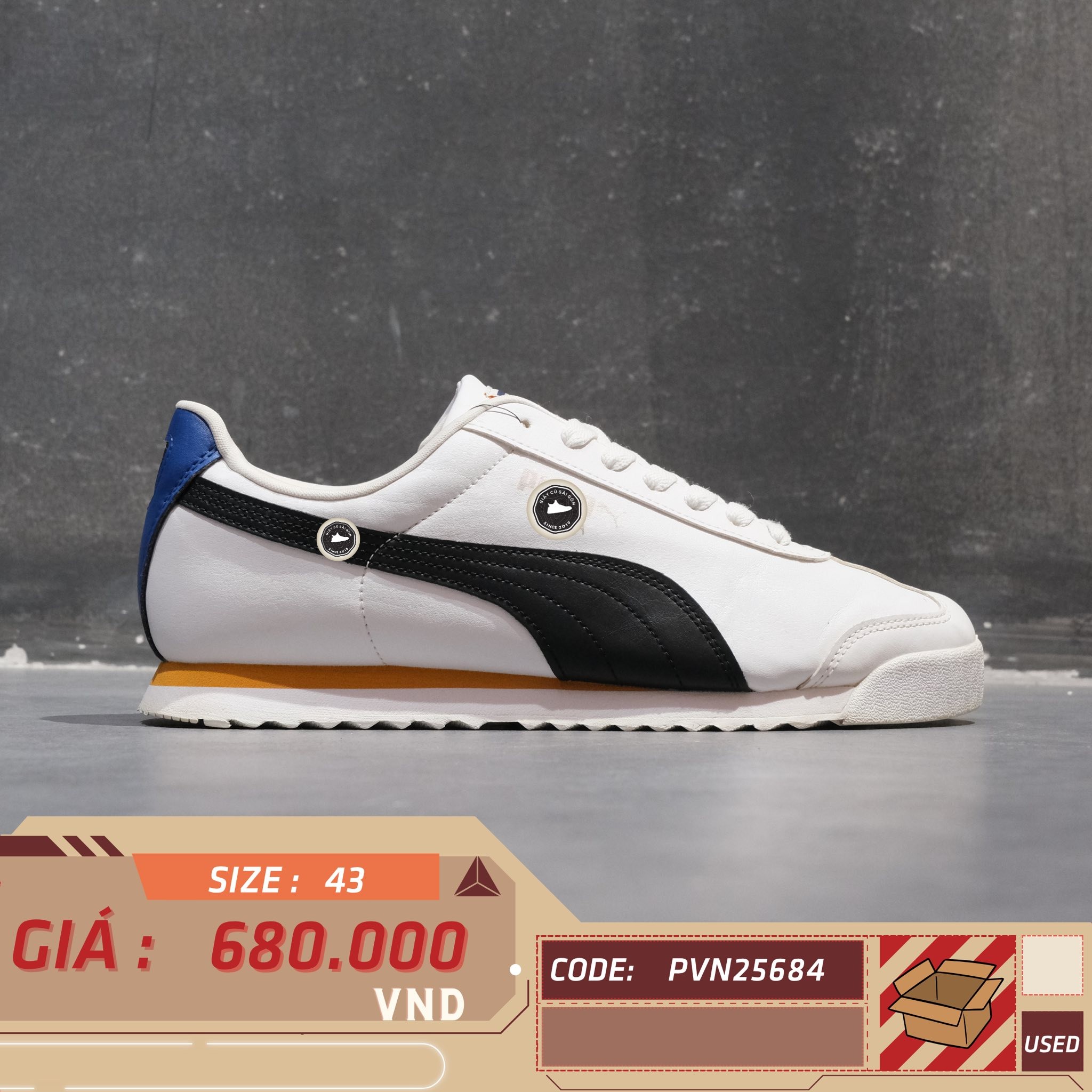 Puma Roma Basic White Black Blue Orange - 369571-42 - Size 43 - GIÀY 2HAND CHÍNH HÃNG PVN25684