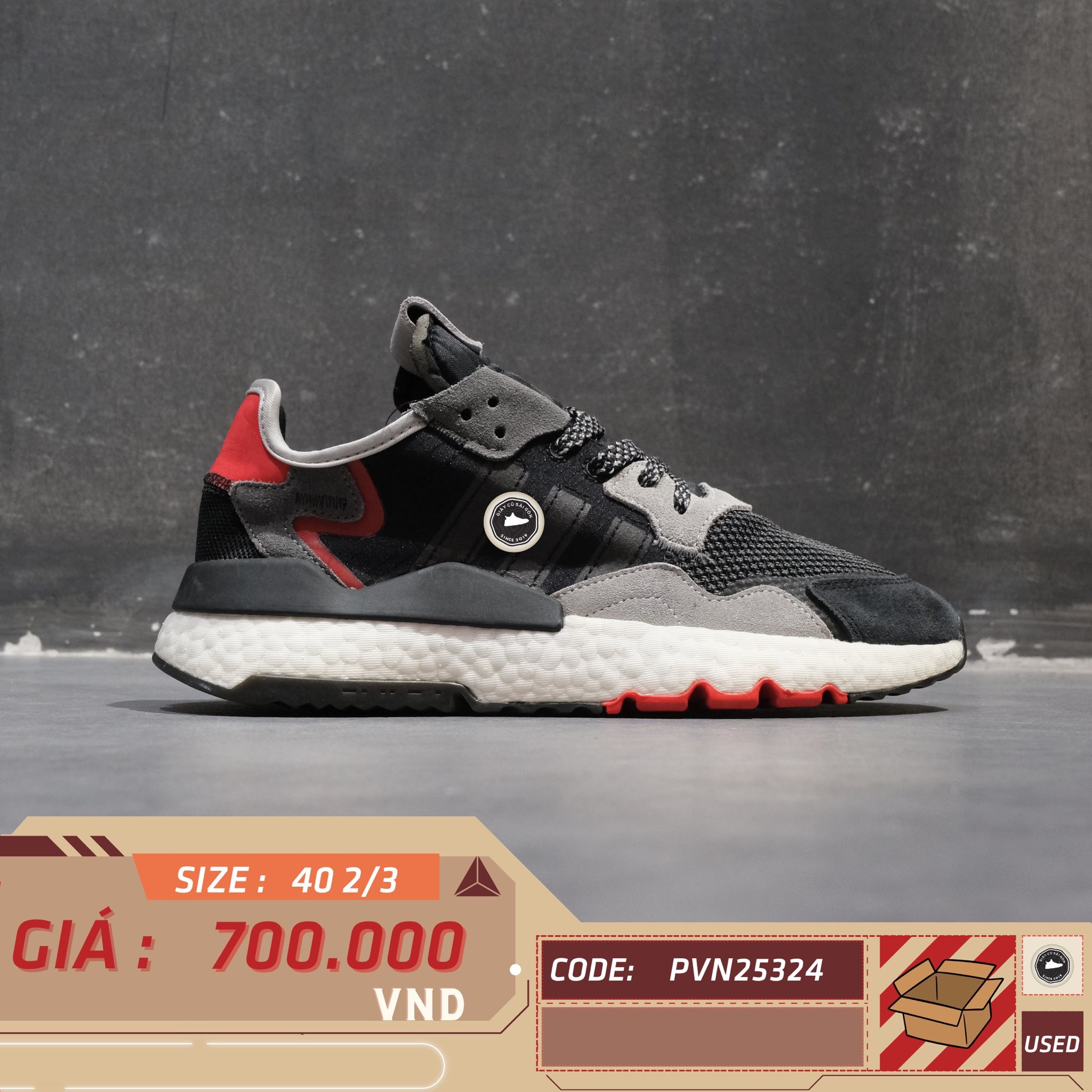 adidas Nite Jogger Black Grey Red - G26311 - Size 40 2/3 - GIÀY 2HAND CHÍNH HÃNG PVN25324