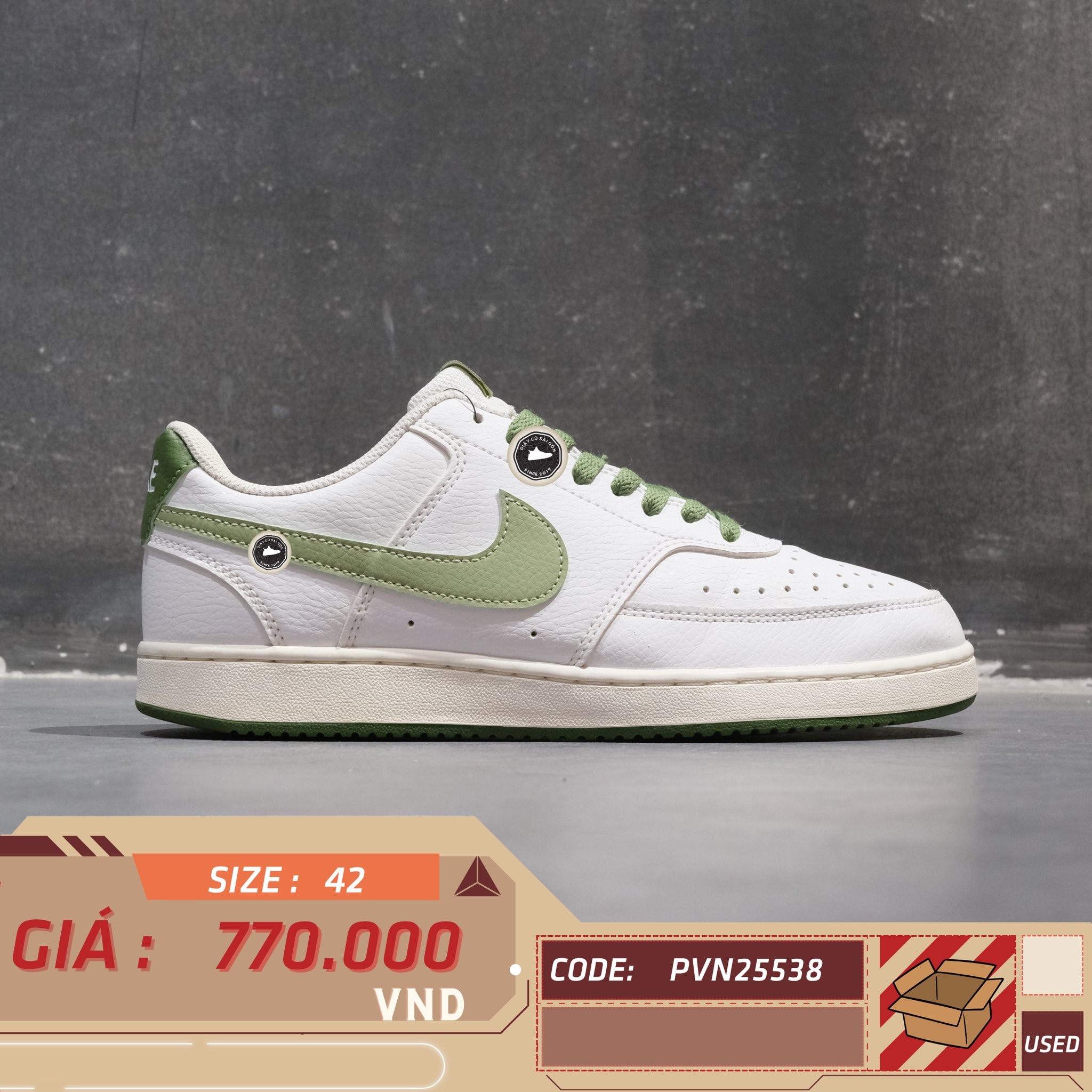 Nike Court Vision Low Next Nature White Oil Green - FJ5480-100 - Size 42 - GIÀY 2HAND CHÍNH HÃNG PVN25538
