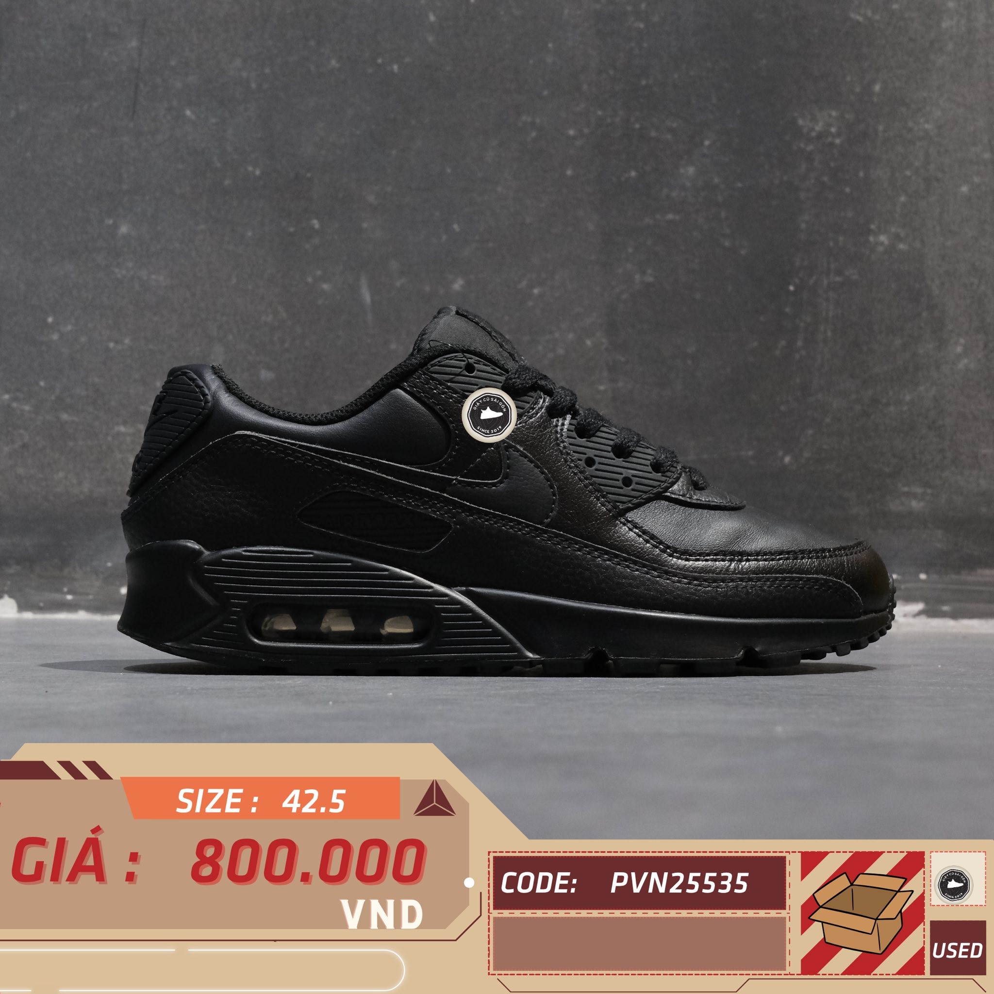 Nike Air Max 90 Triple Black Leather - CZ5594-001 - Size 42.5 - GIÀY 2HAND CHÍNH HÃNG PVN25535