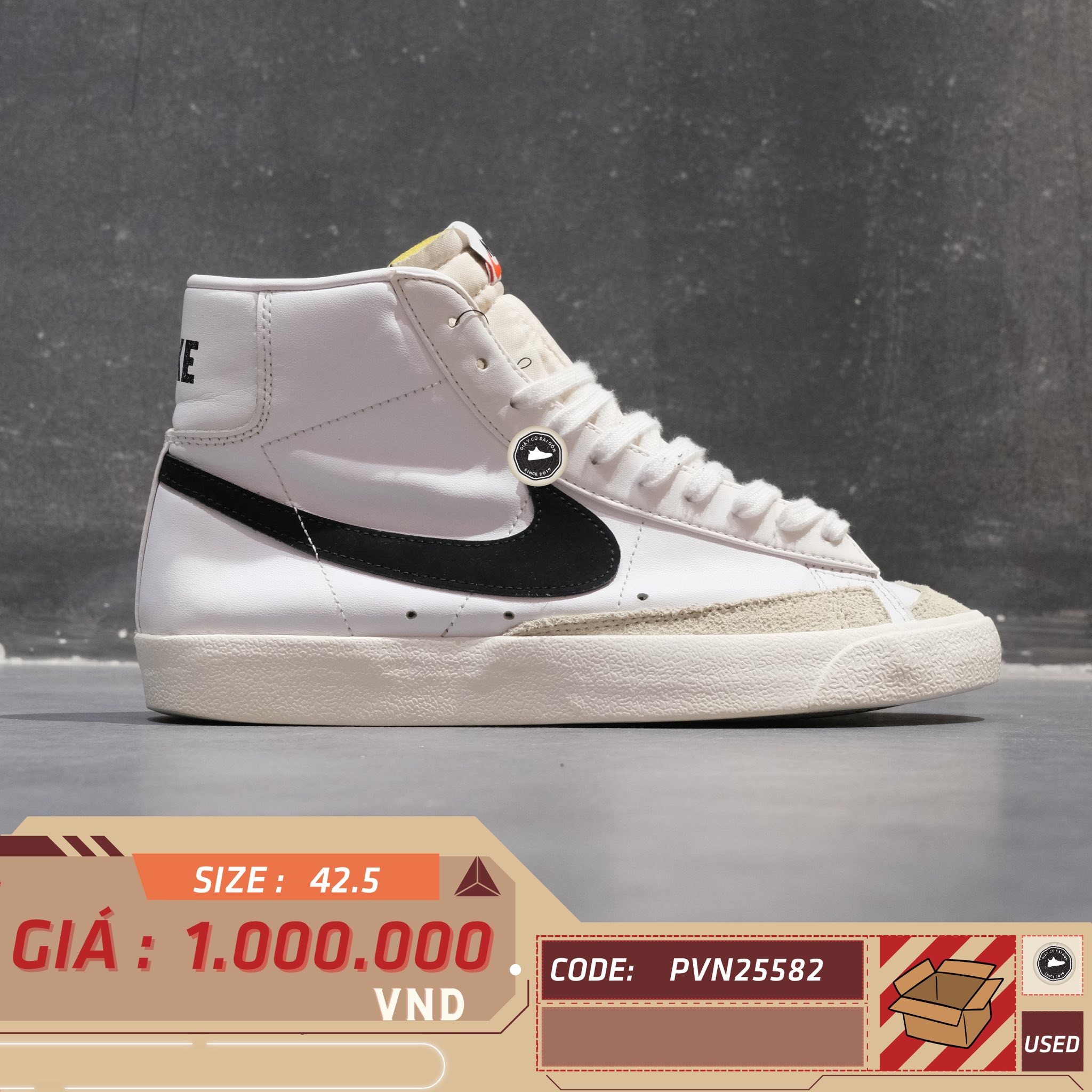 Nike Blazer Mid '77 Vintage 'White Black' - BQ6806-100 - Size 42.5 - GIÀY 2HAND CHÍNH HÃNG PVN25582