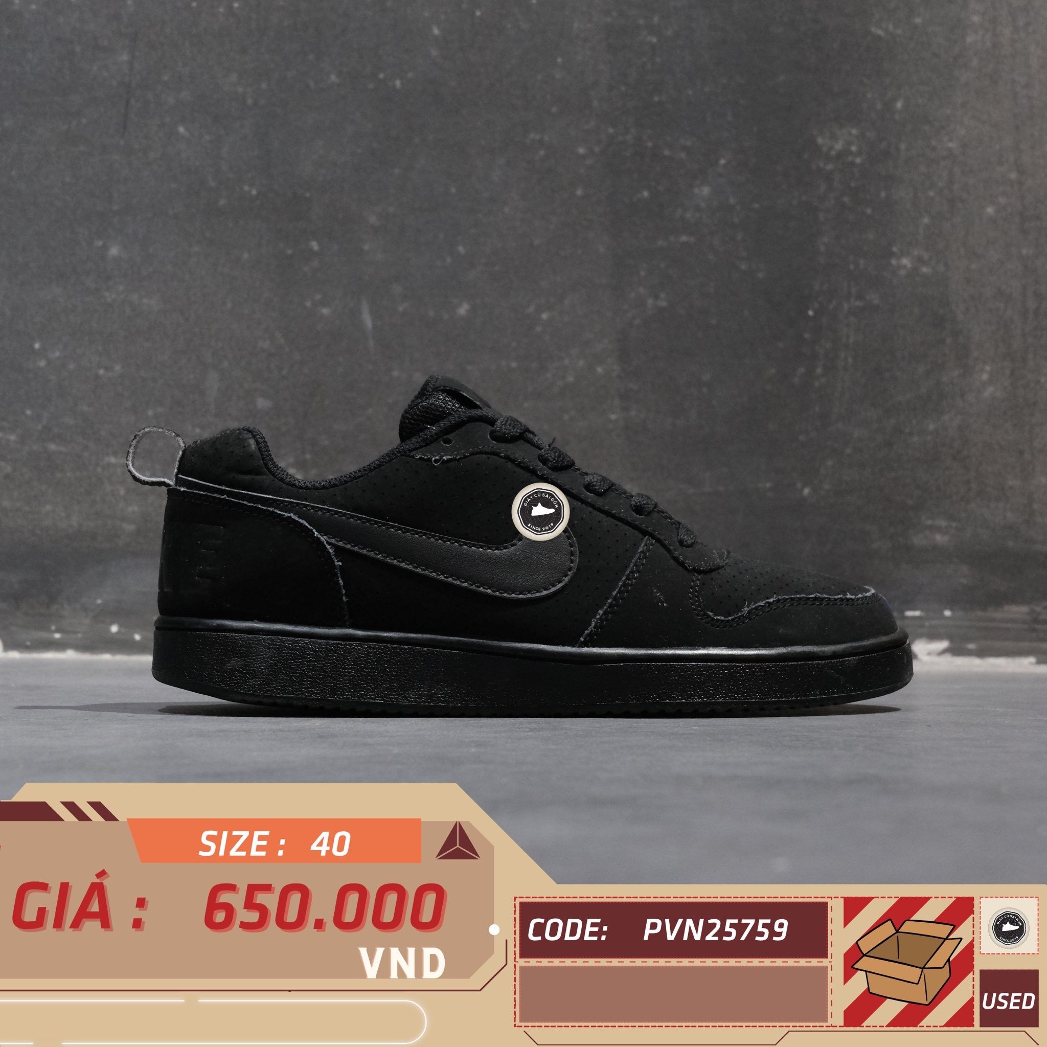 Nike Court Borough Low Triple Black - 838937-001 - Size 40 - GIÀY 2HAND CHÍNH HÃNG PVN25759