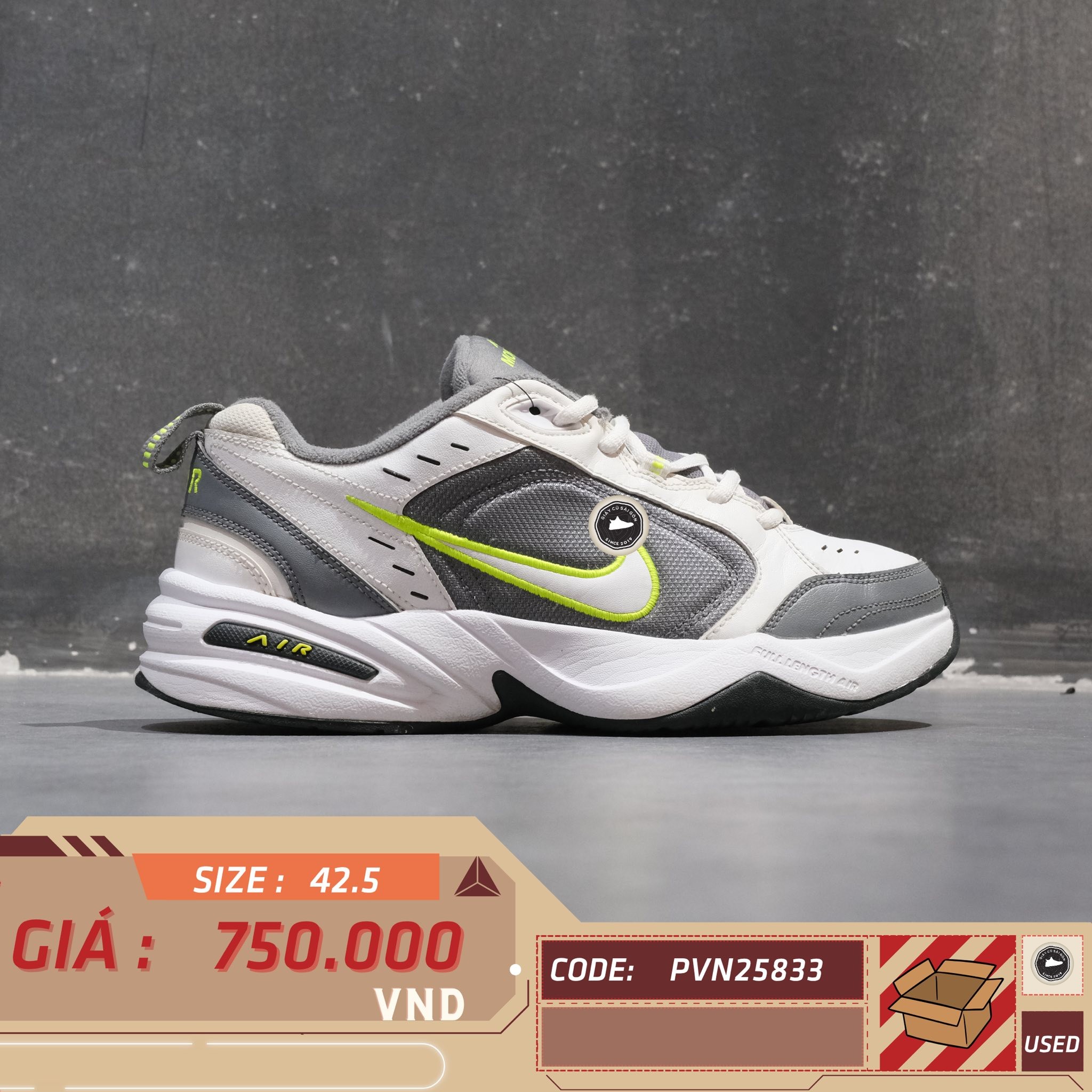 Nike Air Monarch IV White Cool Grey Volt - 415445-100 - Size 42.5 - GIÀY 2HAND CHÍNH HÃNG PVN25833