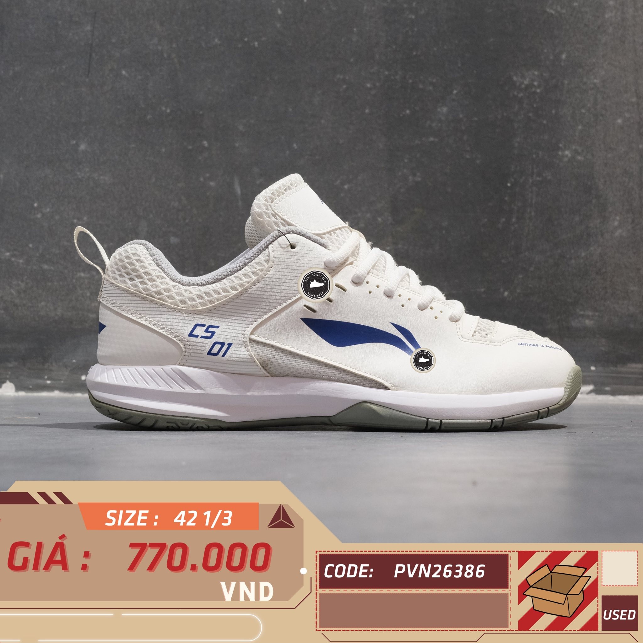 Li-Ning Light Feather Rocket 1.0 White Blue - AYTS034-2 - Size 42 1/3 - GIÀY 2HAND CHÍNH HÃNG PVN26386