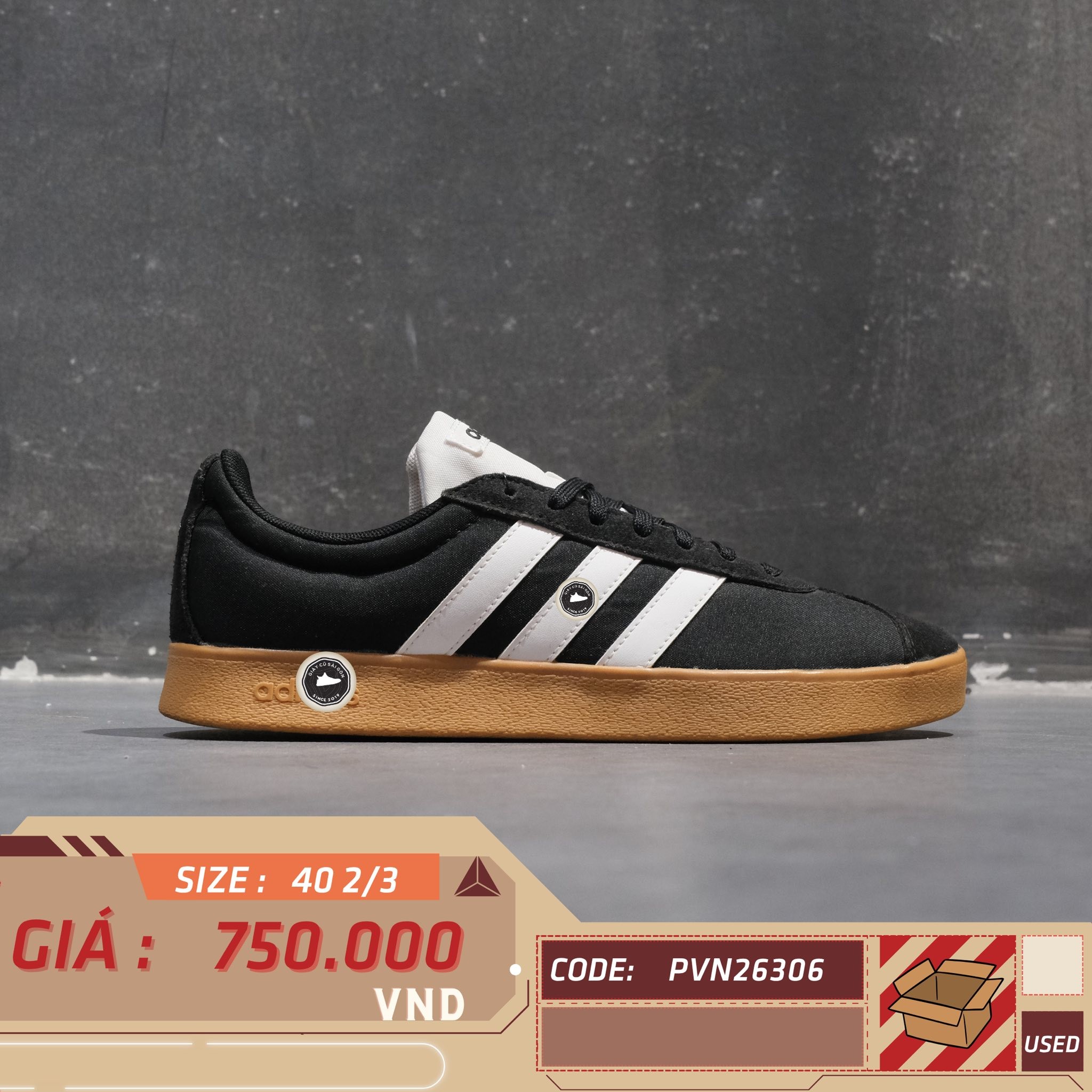 Adidas VL Court 2.0 Black White Gum - FW2758 - Size 40 2/3 - GIÀY 2HAND CHÍNH HÃNG PVN26306