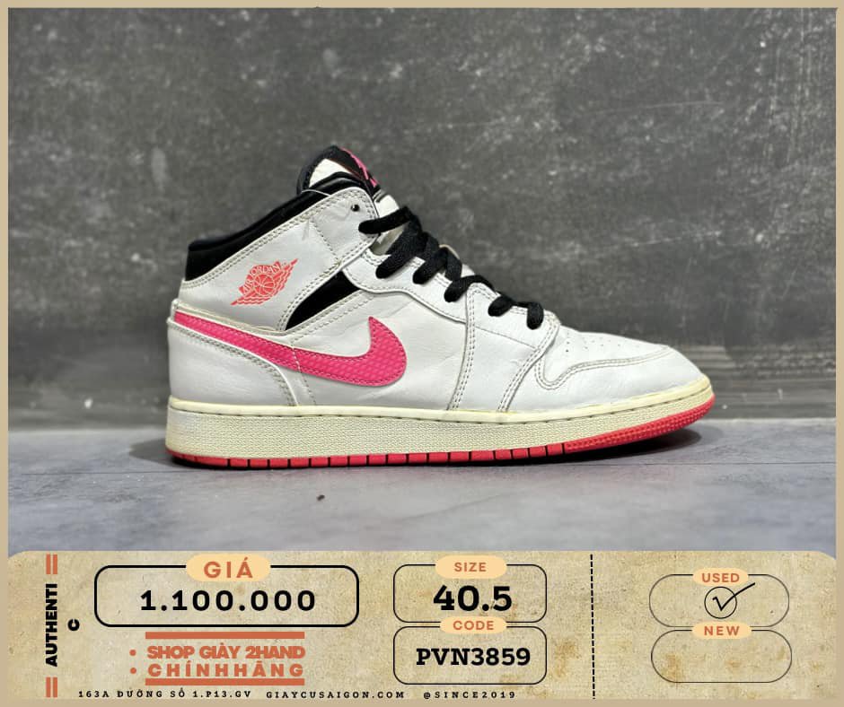 Giày 2hand Jordan 1 Mid White Black Hyper Pink 555112 106