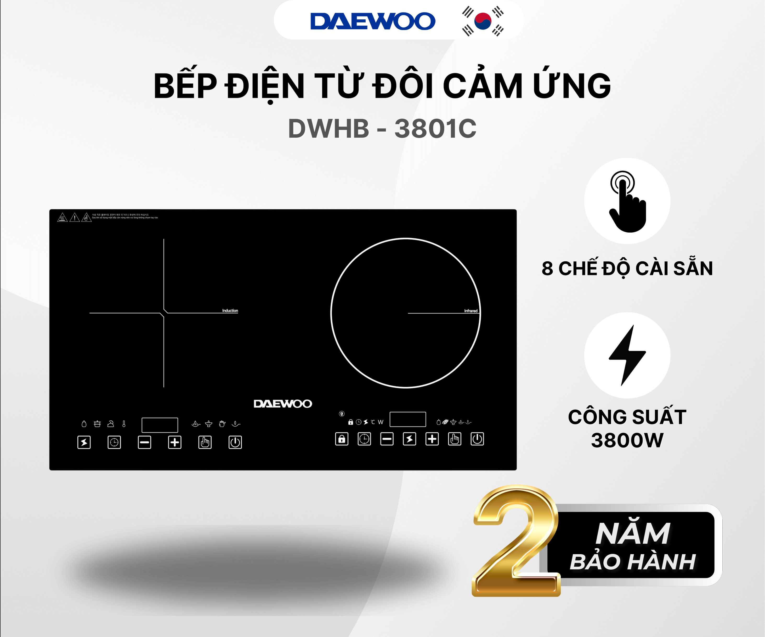Bếp Đôi Điện Từ Hồng Ngoại Daewoo DWHB-3801C, mặt kính pha lê bóng 3800W