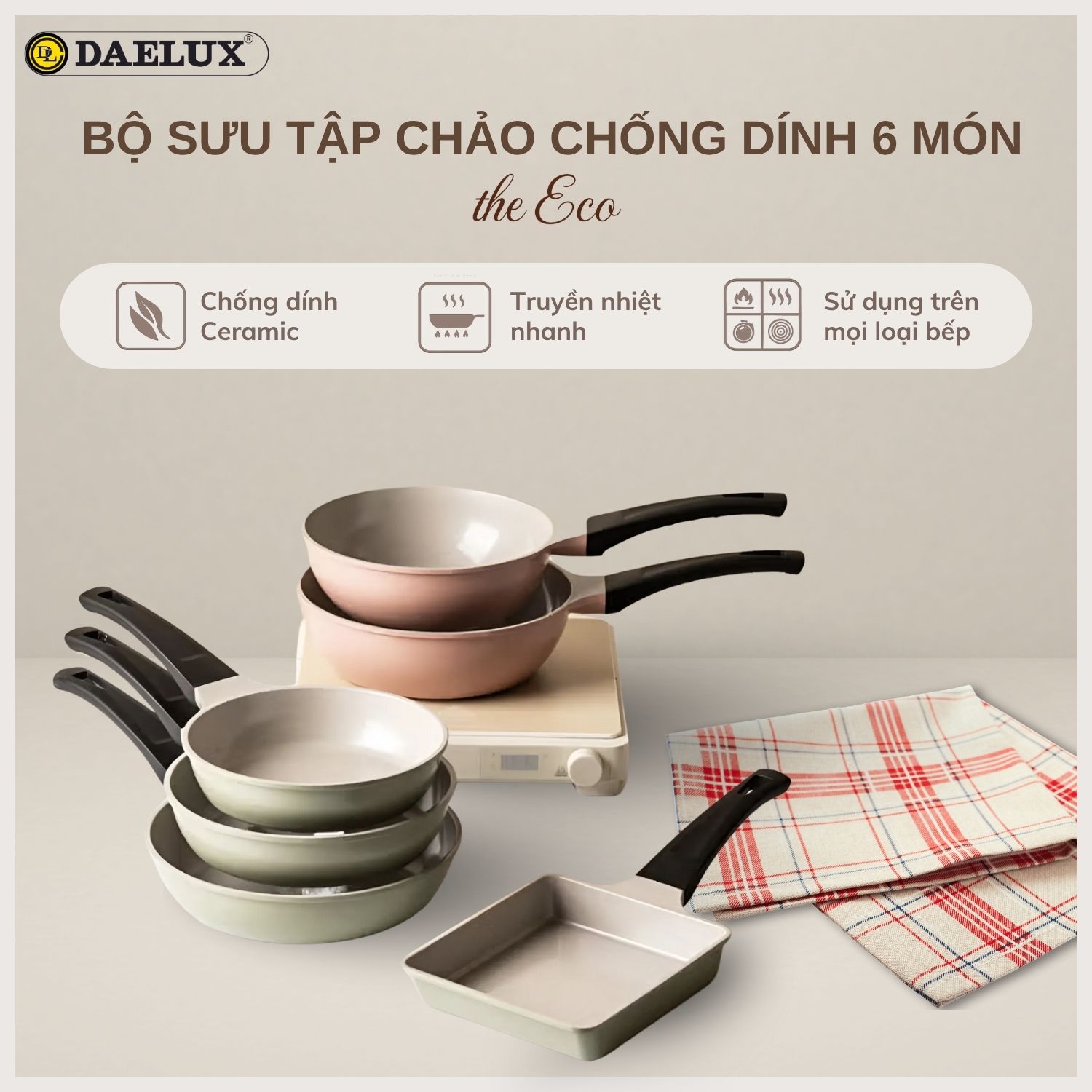[Urbox] Chảo chống dính đáy từ The Eco phủ ceramic – Đủ loại vuông, sâu, cạn | Dùng được mọi loại bếp