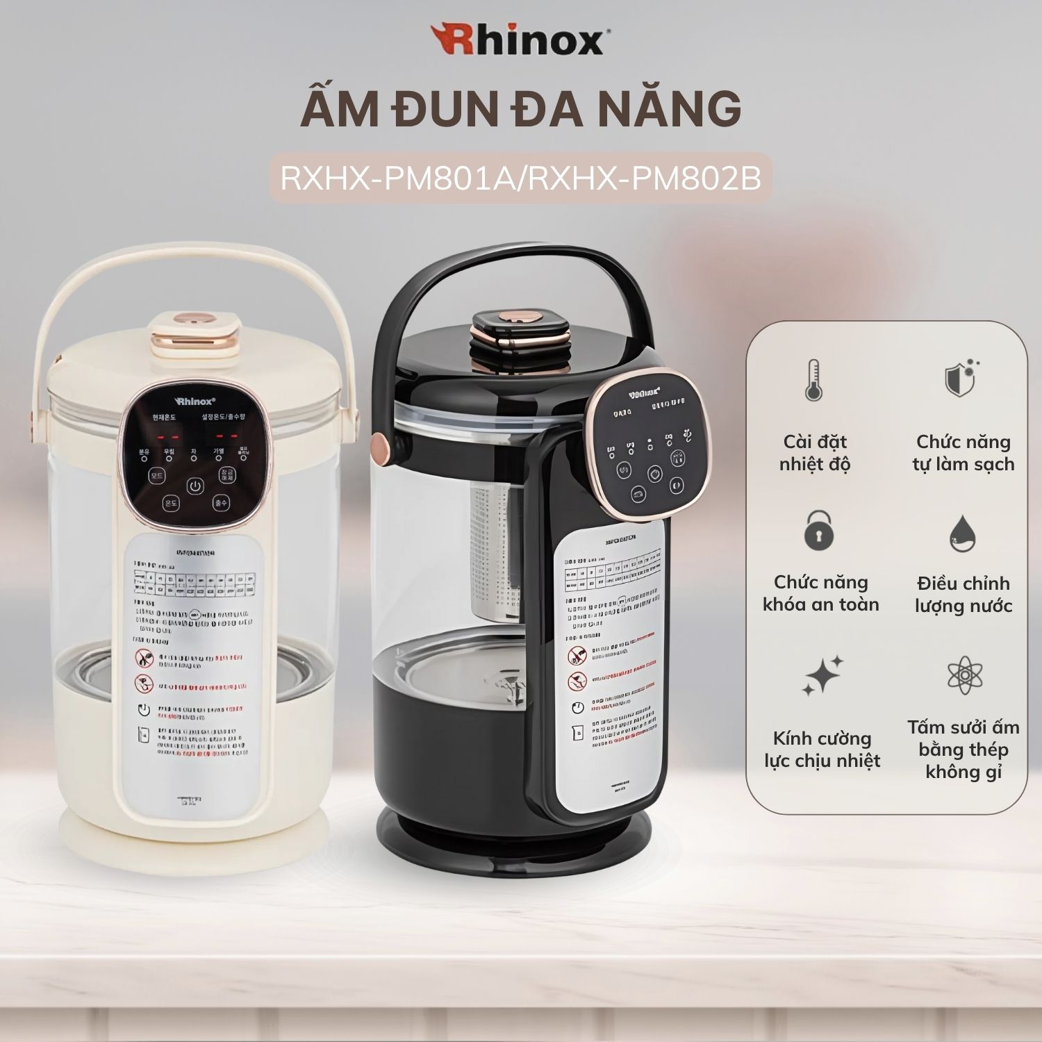 [Urbox] Bình đun đa năng Rhinox 2L điều chỉnh nhiệt độ chuyên pha sữa, trà, cafe - khóa an toàn cho bé