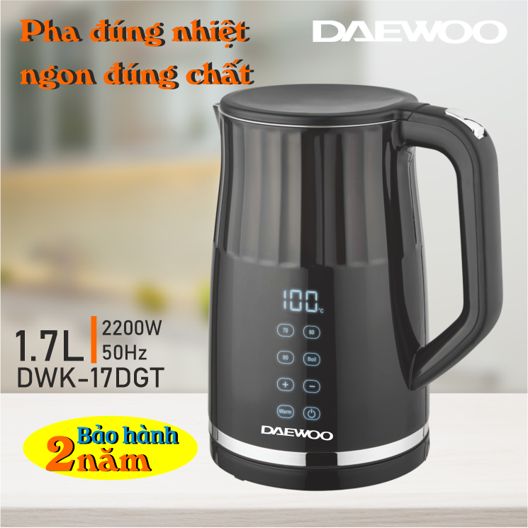 Ấm đun siêu tốc Daewoo 1.7L DWK-17DGT điều khiển cảm ứng LED, chỉnh nhiều mức nhiệt, giữ nhiệt, bảo hành 2 năm