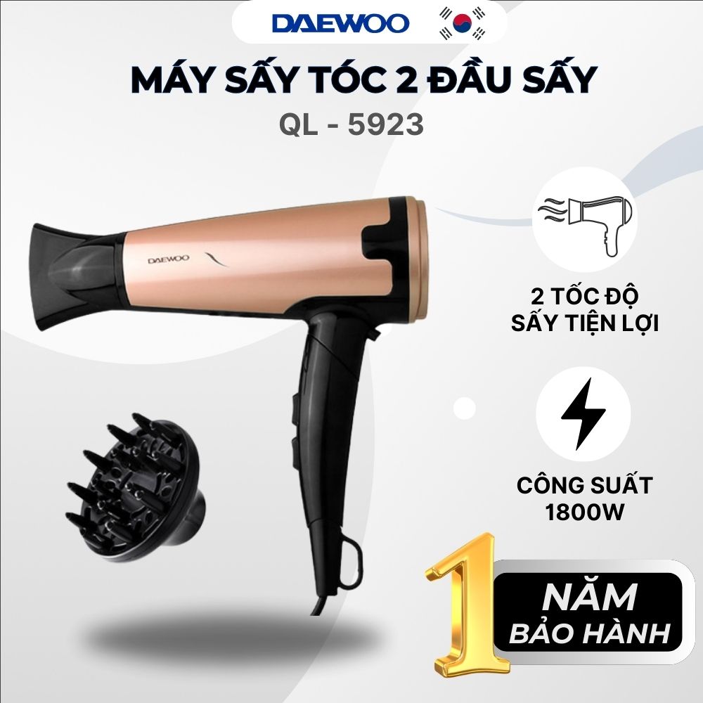 Máy sấy tóc Daewoo QL-5923 loại đại, công suất 1800W, sấy khô và lạnh, hạn chế tổn hại tóc, kèm 2 đầu sấy, bảo hành 12 tháng