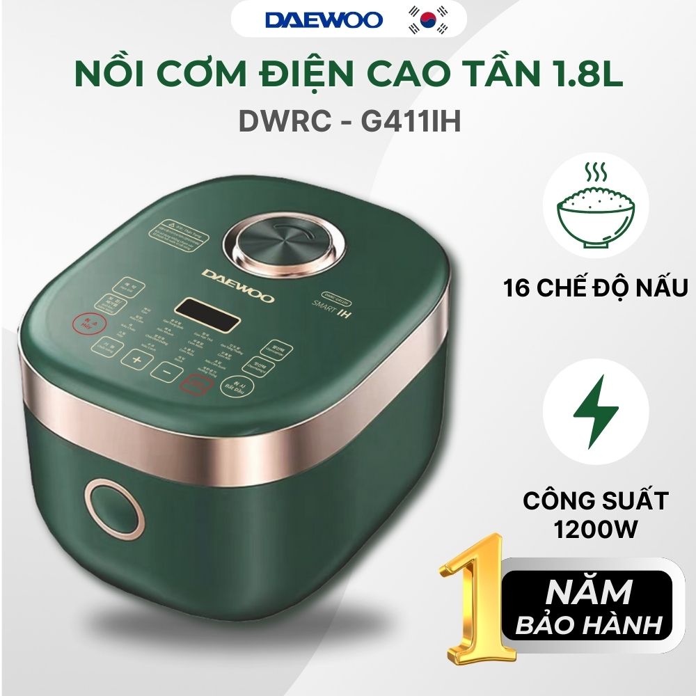 Nồi cơm điện cảm ứng cao tần đa chức năng 1.8L Daewoo DWRC-G411IH lòng nồi cực dày, công suất 1200w với 16 chế độ nấu, bảo hành 12 tháng