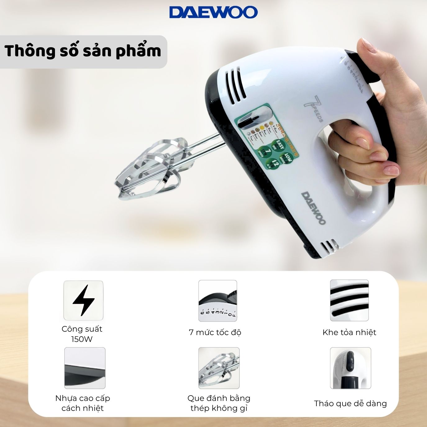 [Urbox] Máy đánh trứng DAEWOO DWHM-318 công suất 150W, que đánh inox, bảo hành 1 năm