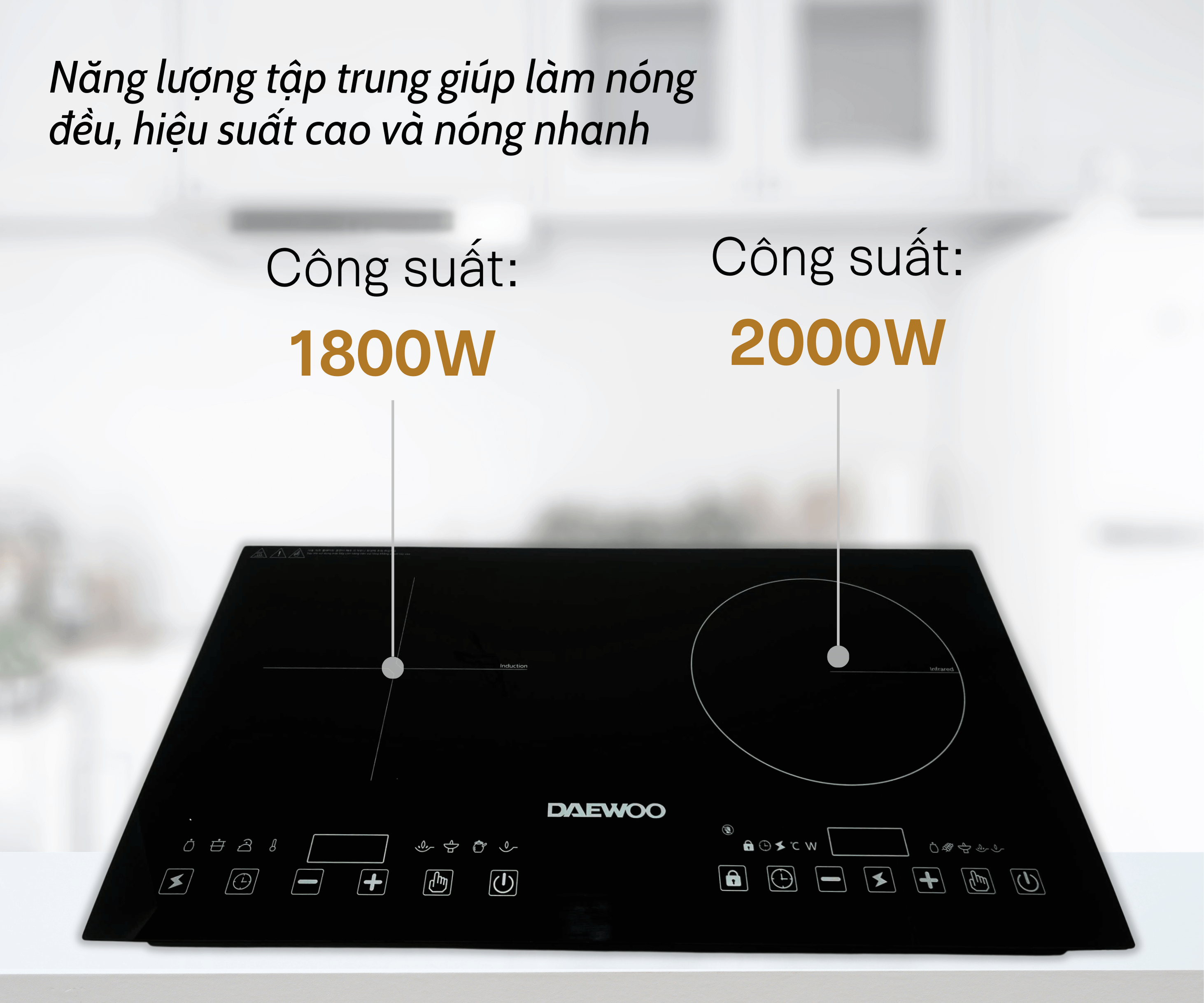 [Urbox] Bếp Đôi Điện Từ Hồng Ngoại Daewoo DWHB-3801C, mặt kính pha lê bóng 3800W