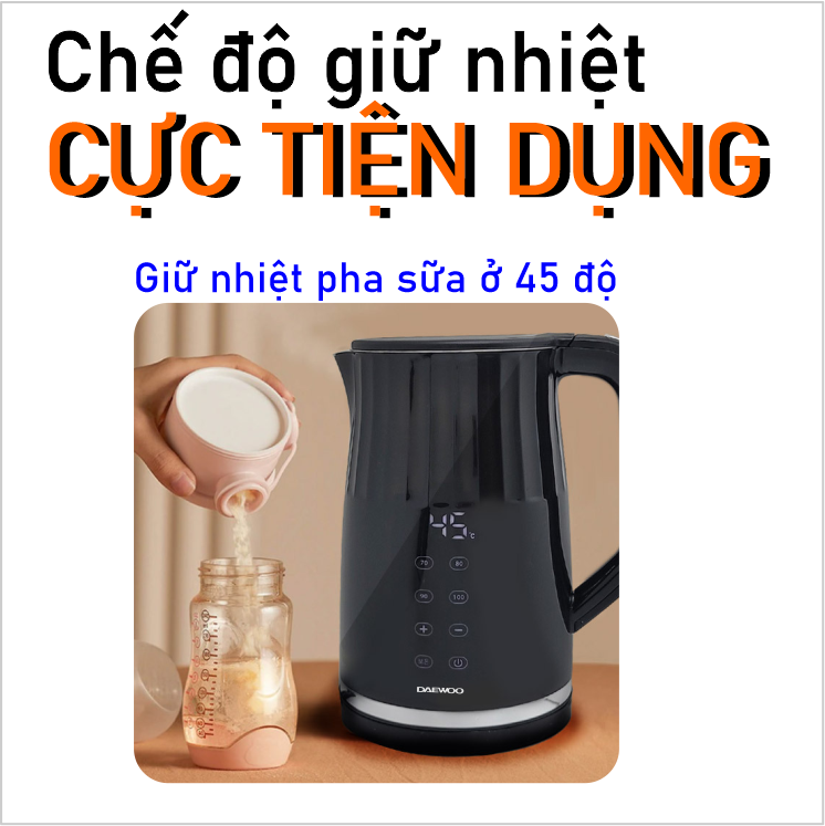 Ấm đun siêu tốc Daewoo 1.7L DWK-17DGT điều khiển cảm ứng LED, chỉnh nhiều mức nhiệt, giữ nhiệt, bảo hành 2 năm