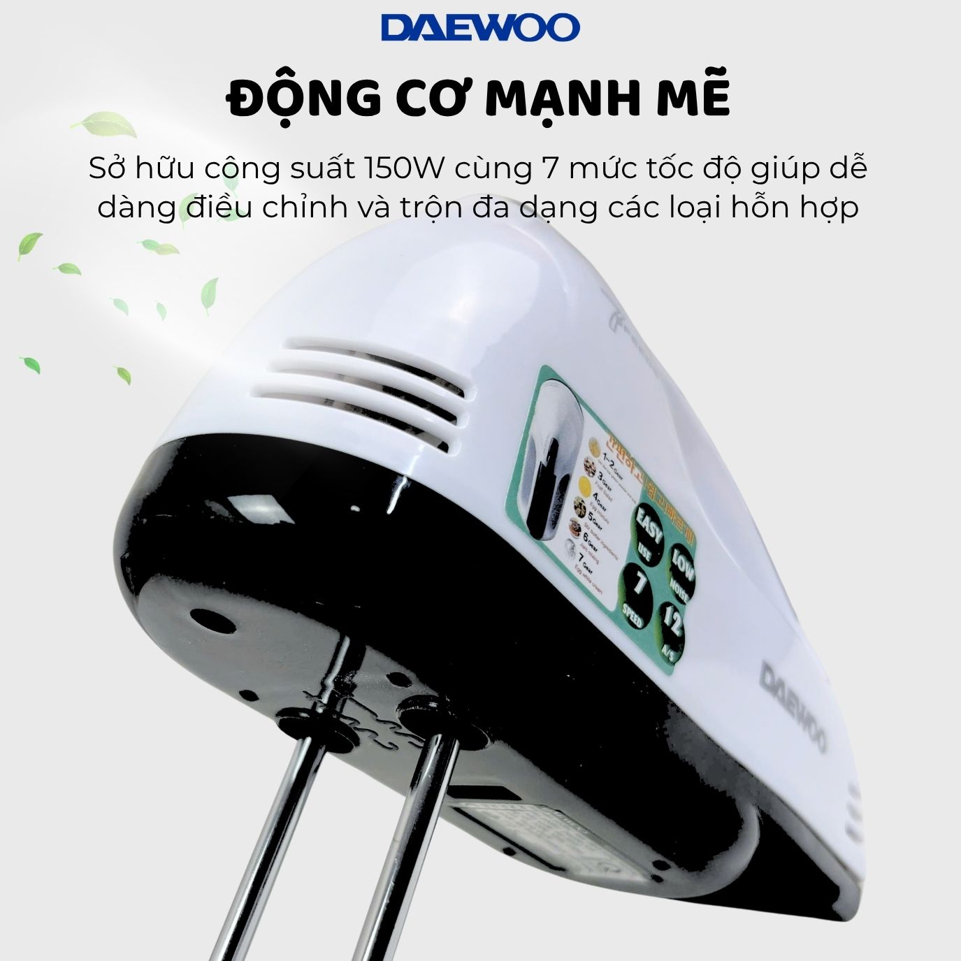 Máy đánh trứng DAEWOO DWHM-318 công suất 150W, que đánh inox, bảo hành 1 năm