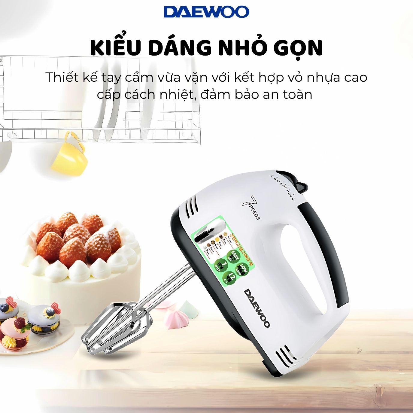 Máy đánh trứng DAEWOO DWHM-318 công suất 150W, que đánh inox, bảo hành 1 năm