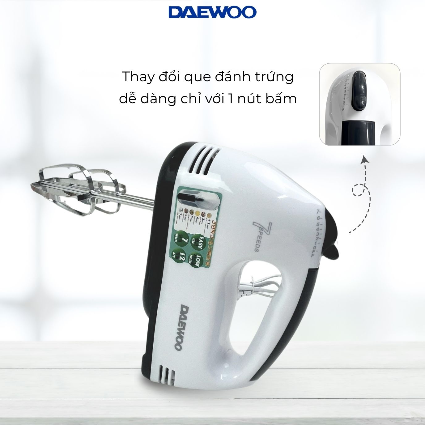 Máy đánh trứng DAEWOO DWHM-318 công suất 150W, que đánh inox, bảo hành 1 năm