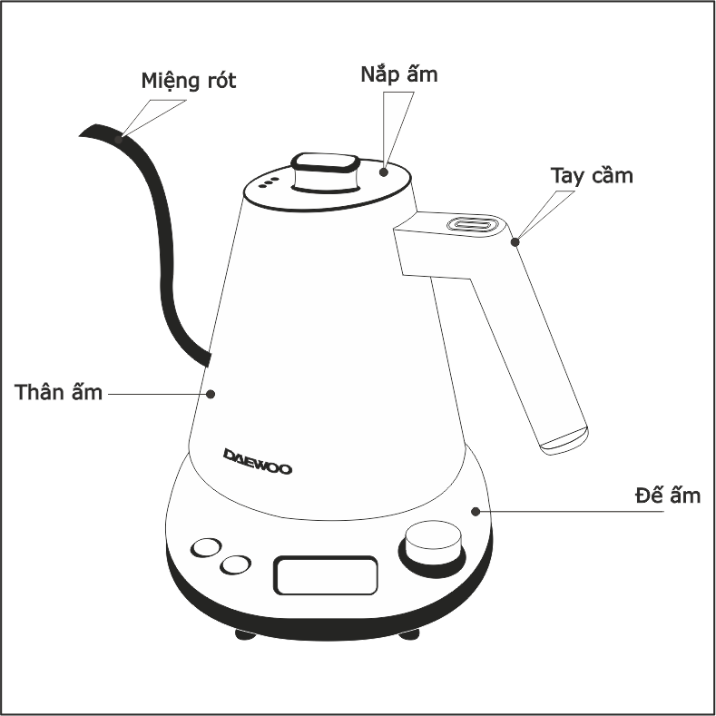 Ấm đun siêu tốc Daewoo DWK-GN10LCD điều khiển được nhiều mức nhiệt, lòng inox 304, bảo hành 2 năm