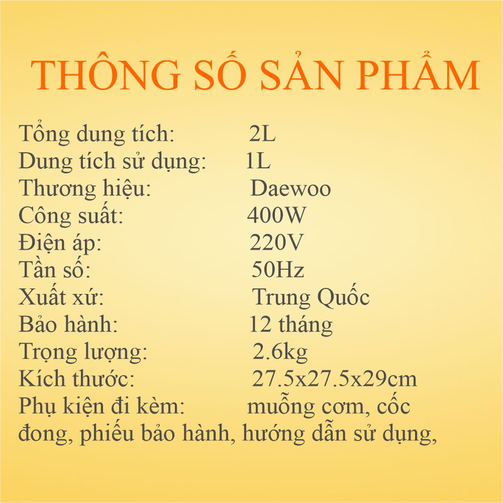 Nồi cơm điện đa chức năng 1L Daewoo DWRC-Y201 công suất 400W, bảo hành 12 tháng