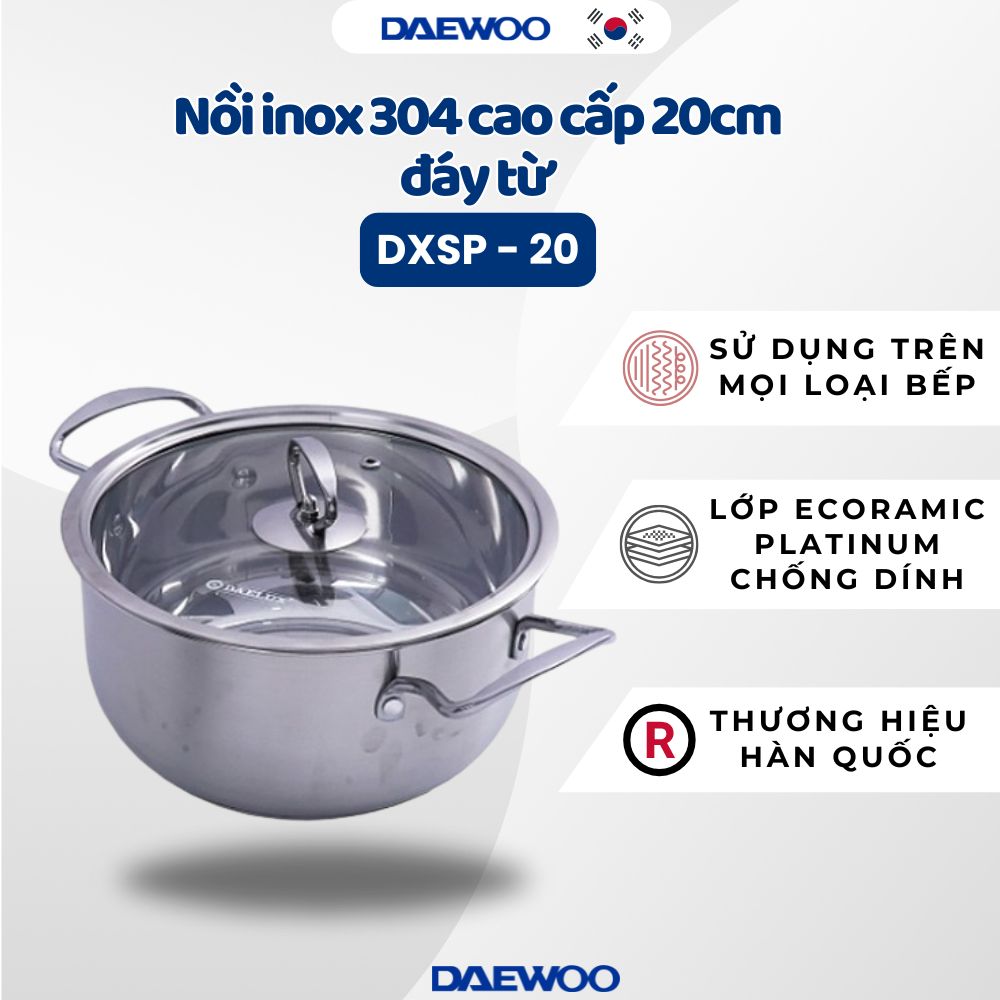 Nồi Inox 304 đáy từ 5 lớp nắp thủy tinh cường lực cao cấp siêu bền Daelux DXSP-20