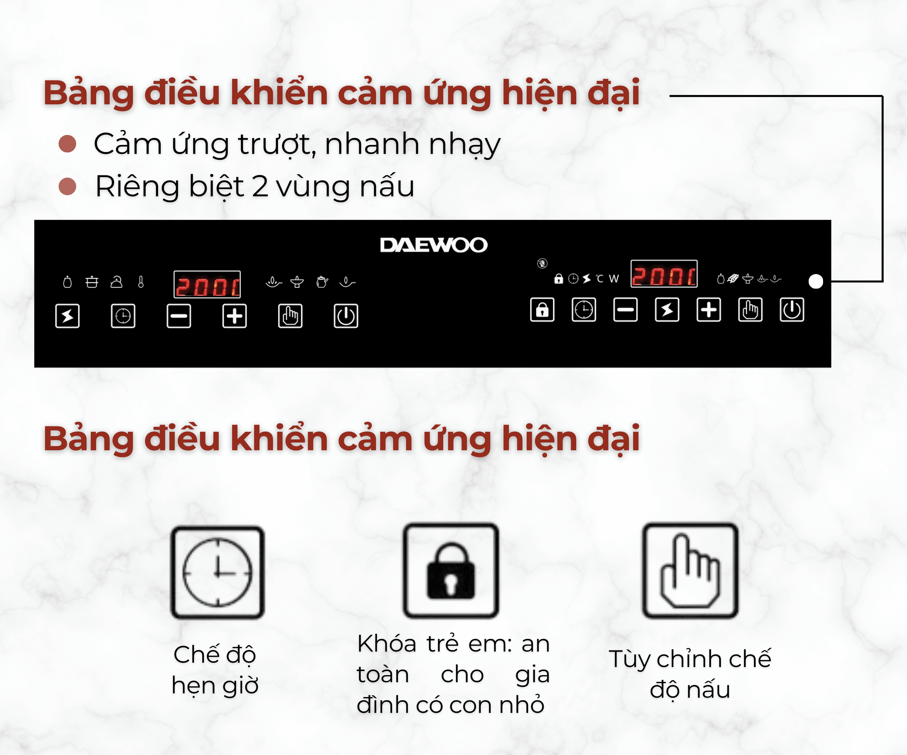 Bếp Đôi Điện Từ Hồng Ngoại Daewoo DWHB-3801C, mặt kính pha lê bóng 3800W