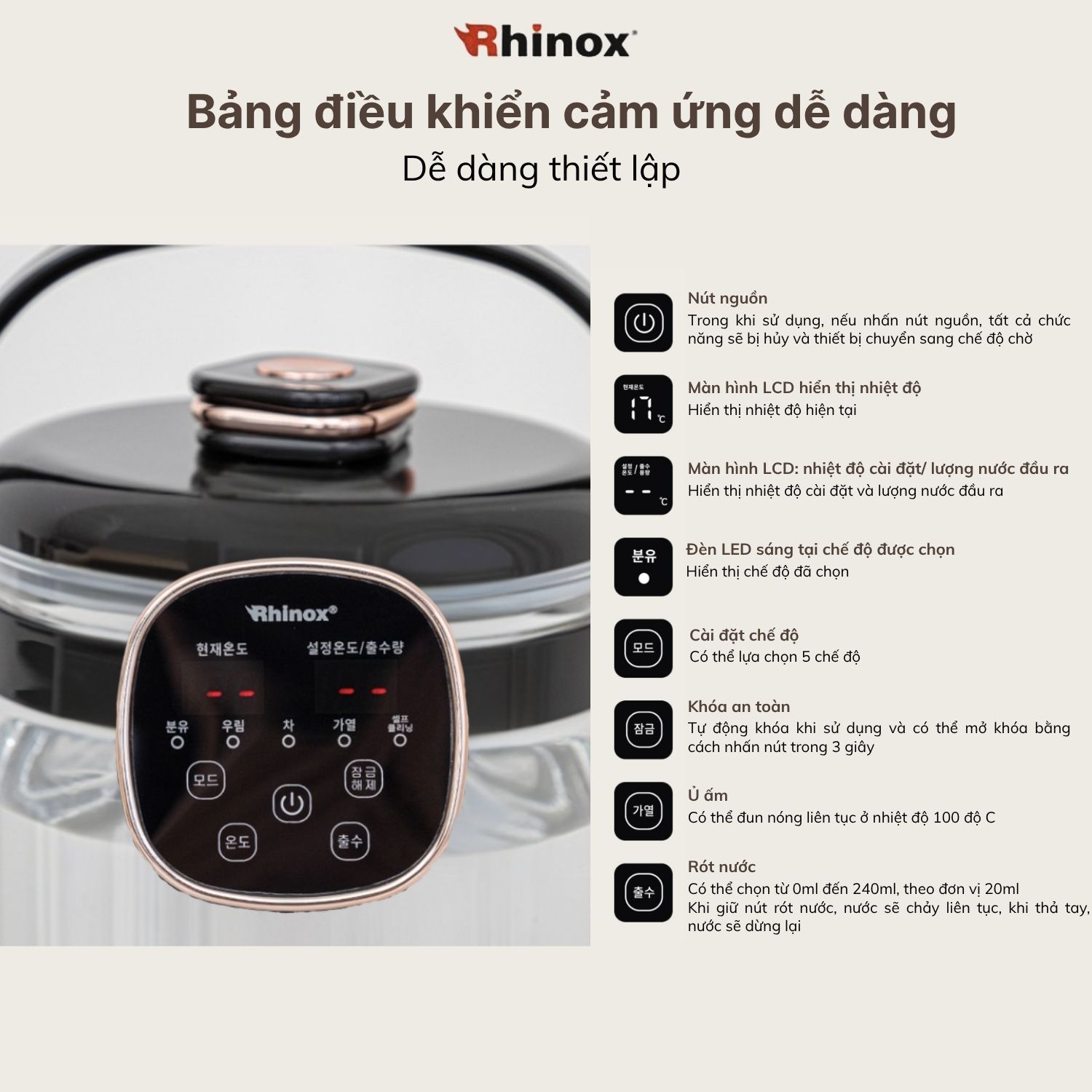 Bình đun đa năng Rhinox 2L điều chỉnh nhiệt độ chuyên pha sữa, trà, cafe - khóa an toàn cho bé