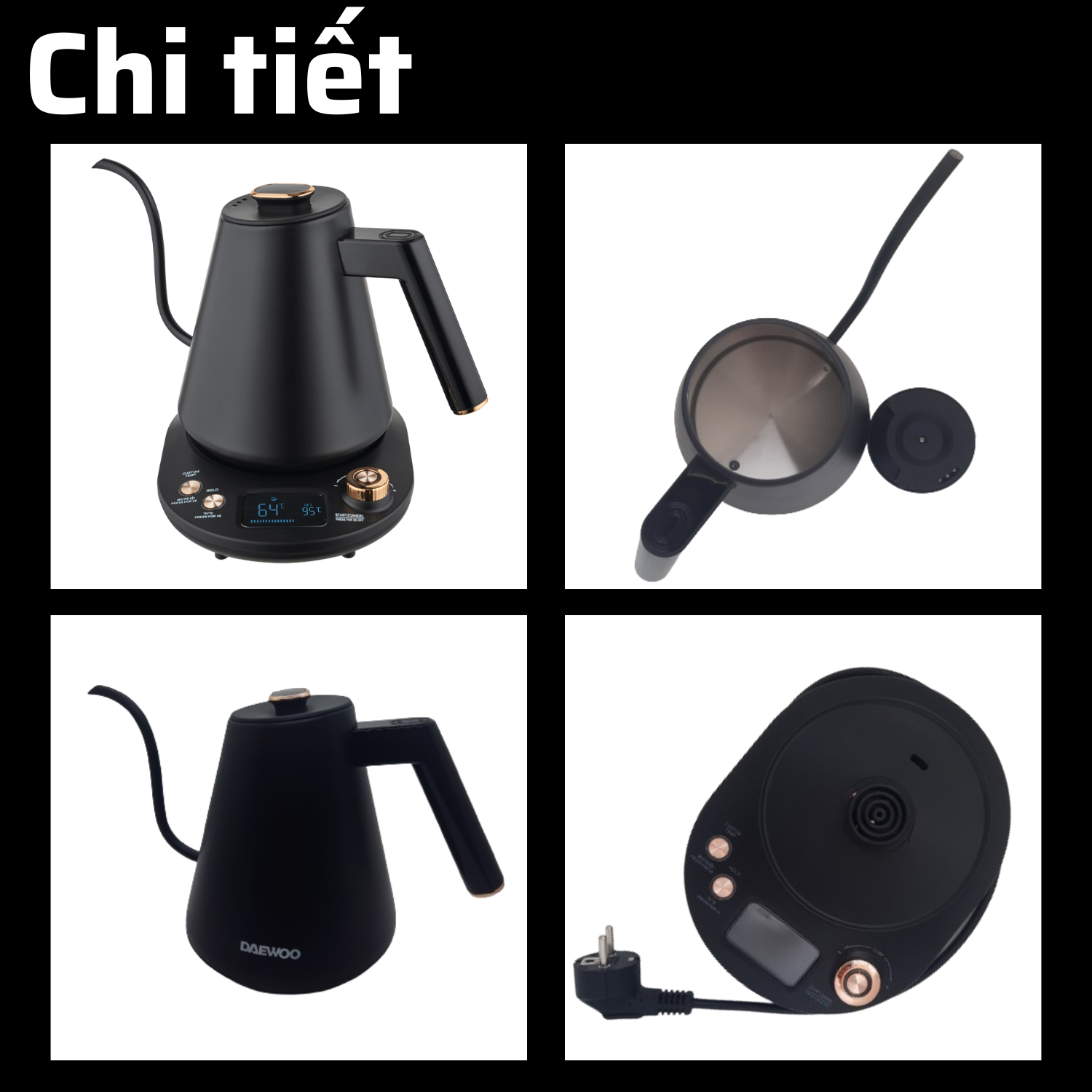 Ấm đun siêu tốc Daewoo DWK-GN10LCD điều khiển được nhiều mức nhiệt, lòng inox 304, bảo hành 2 năm