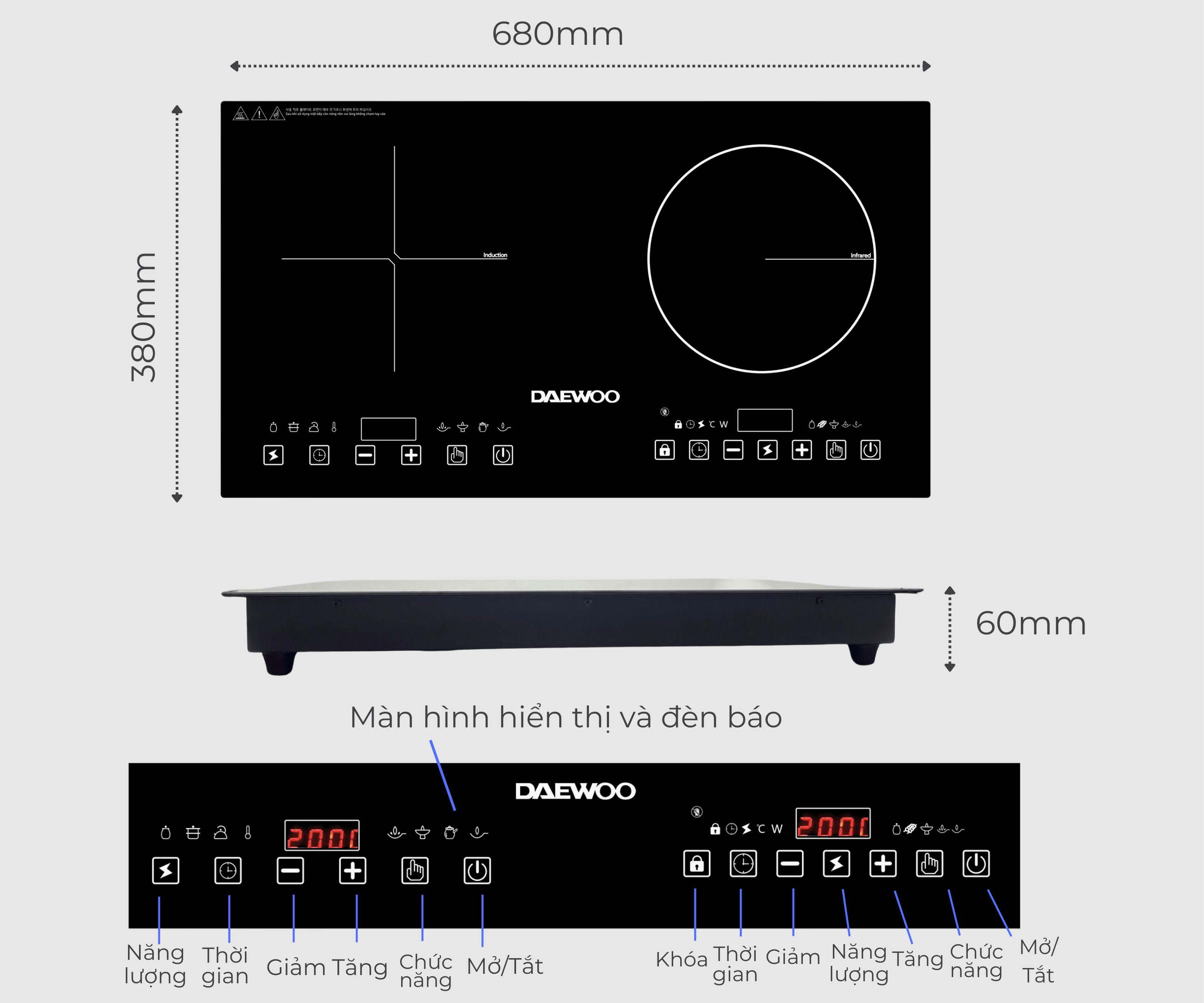 [Urbox] Bếp Đôi Điện Từ Hồng Ngoại Daewoo DWHB-3801C, mặt kính pha lê bóng 3800W