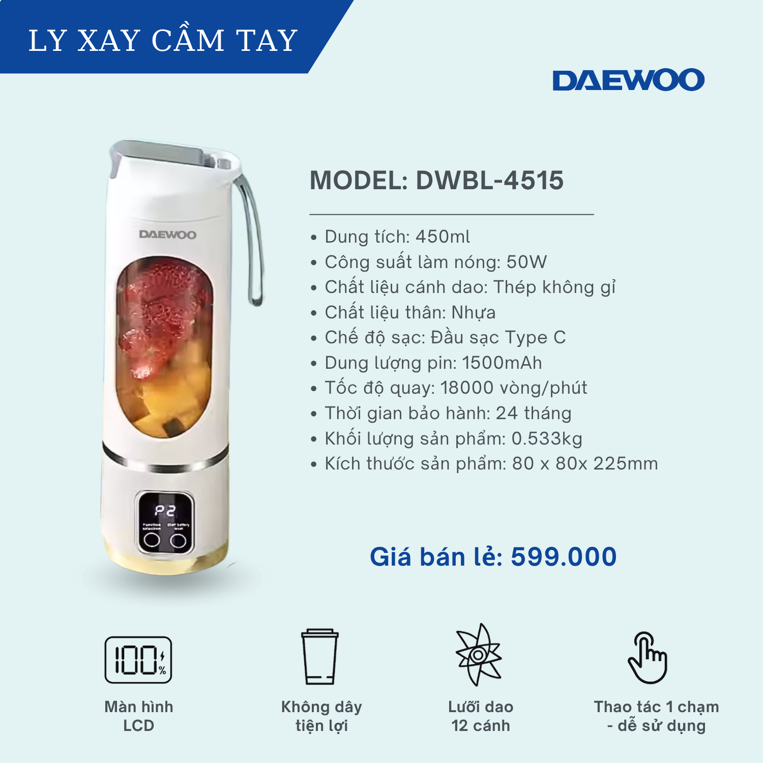 [COMBO 1] Máy Làm Sữa Hạt Daewoo 1L DWSM-1310 + Ly Xay Cầm Tay 450ML DWBL-4515 | FREESHIP