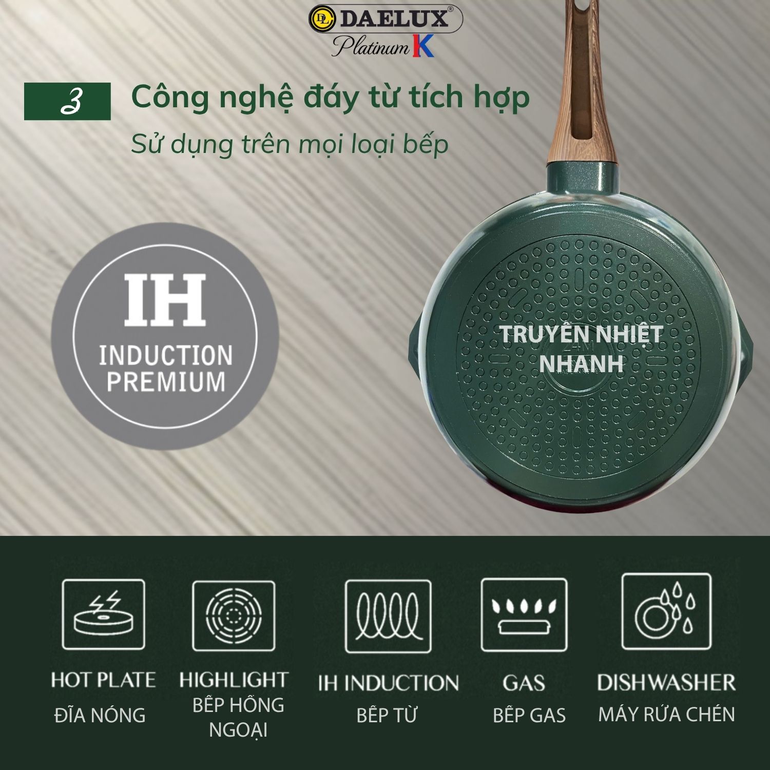 Chảo sâu Hàn Quốc DLPCR-24IH công nghệ đáy từ cao cấp, nhôm đúc nguyên khối, chống dính Ceramic