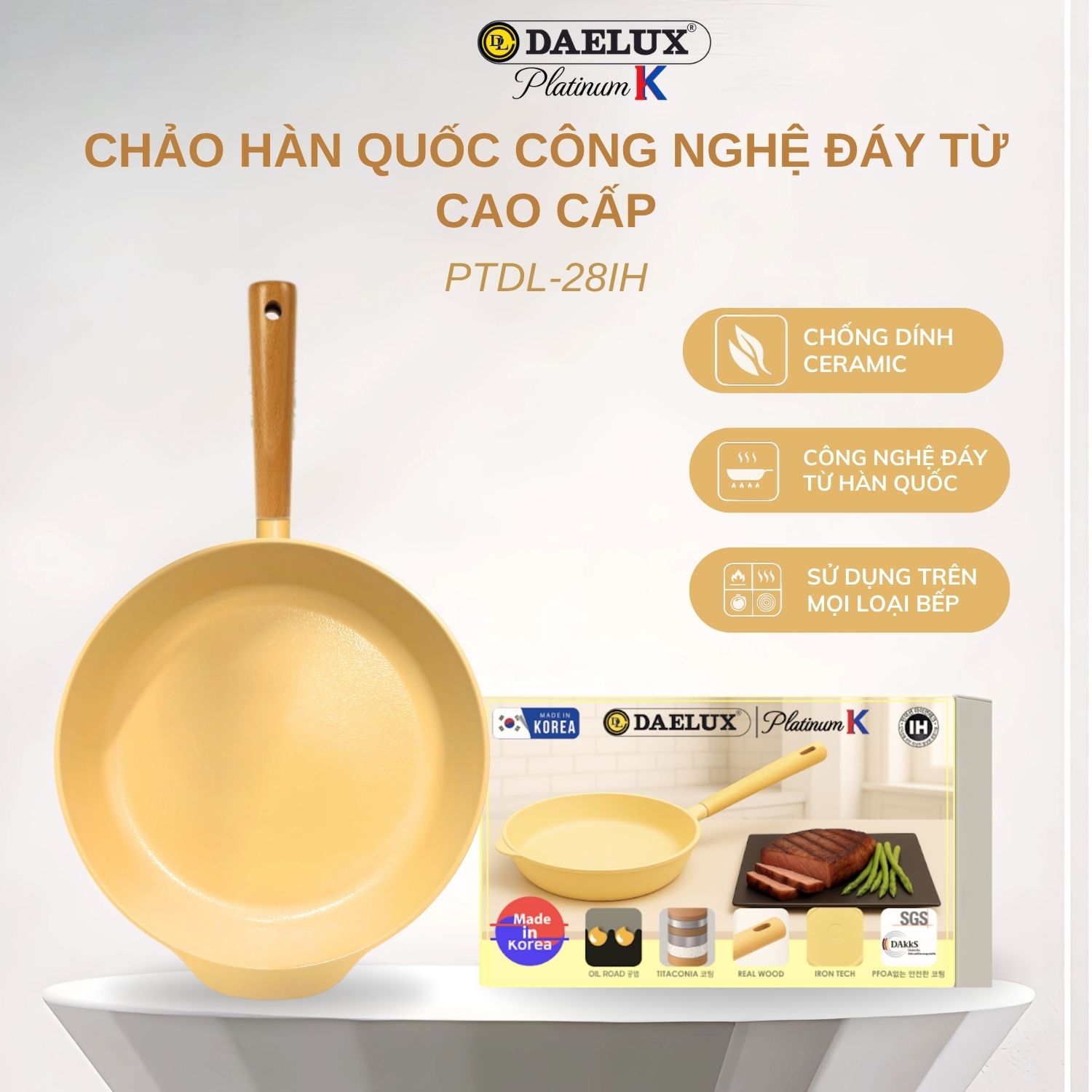 Chảo Hàn Quốc PTDL-28IH công nghệ đáy từ cao cấp, nhôm đúc nguyên khối, chống dính Ceramic