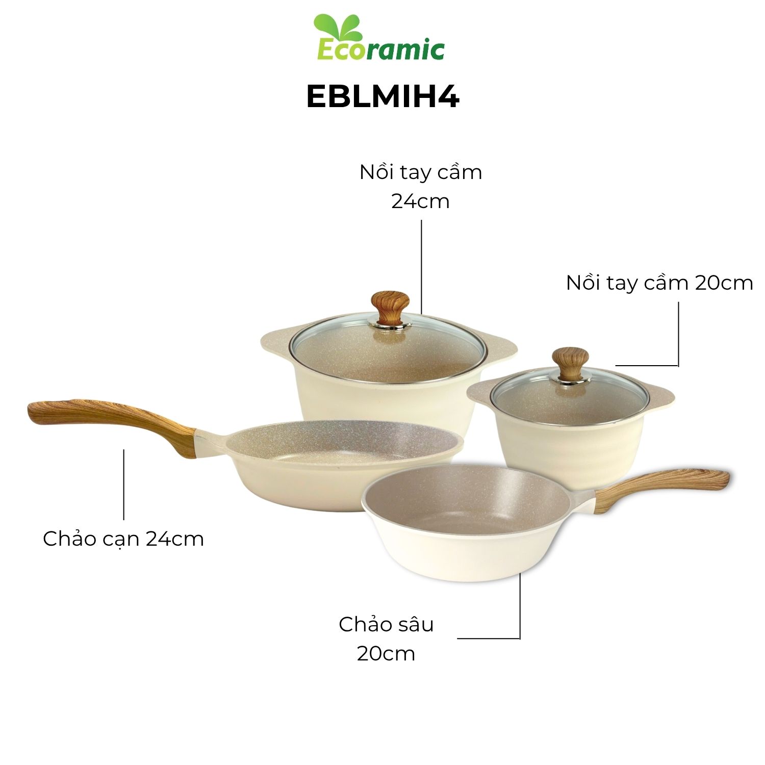 Bộ 4 Nồi Chảo Chống Dính Đáy Từ EcoramicCao Cấp (Nồi 20,24cm, Chảo 20,24cm)