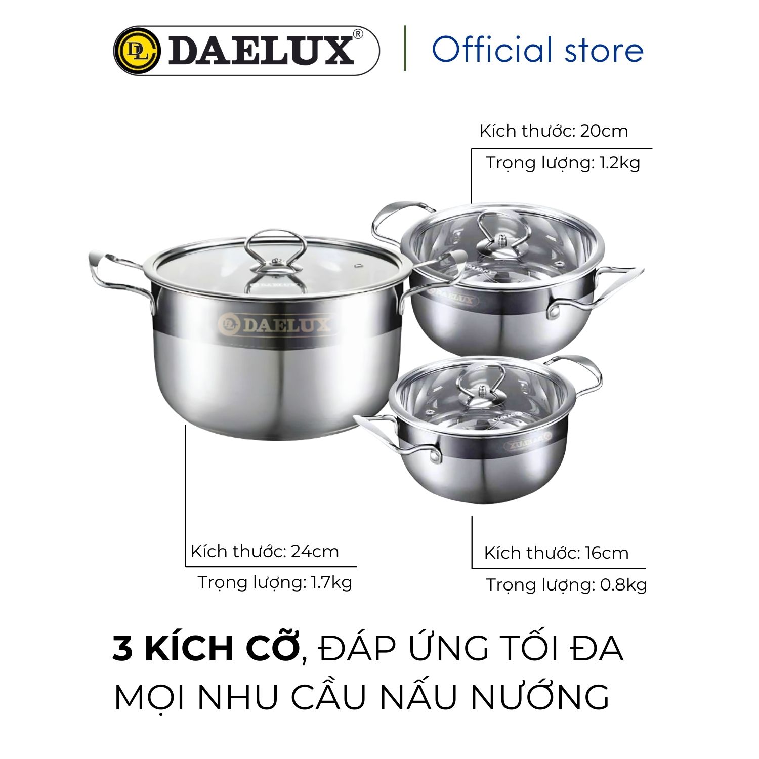 Bộ 3 nồi Inox 304 đáy từ 5 lớp siêu bền Daelux size 16 + 20 + 24cm nắp kính cường lực DXSP-GS3