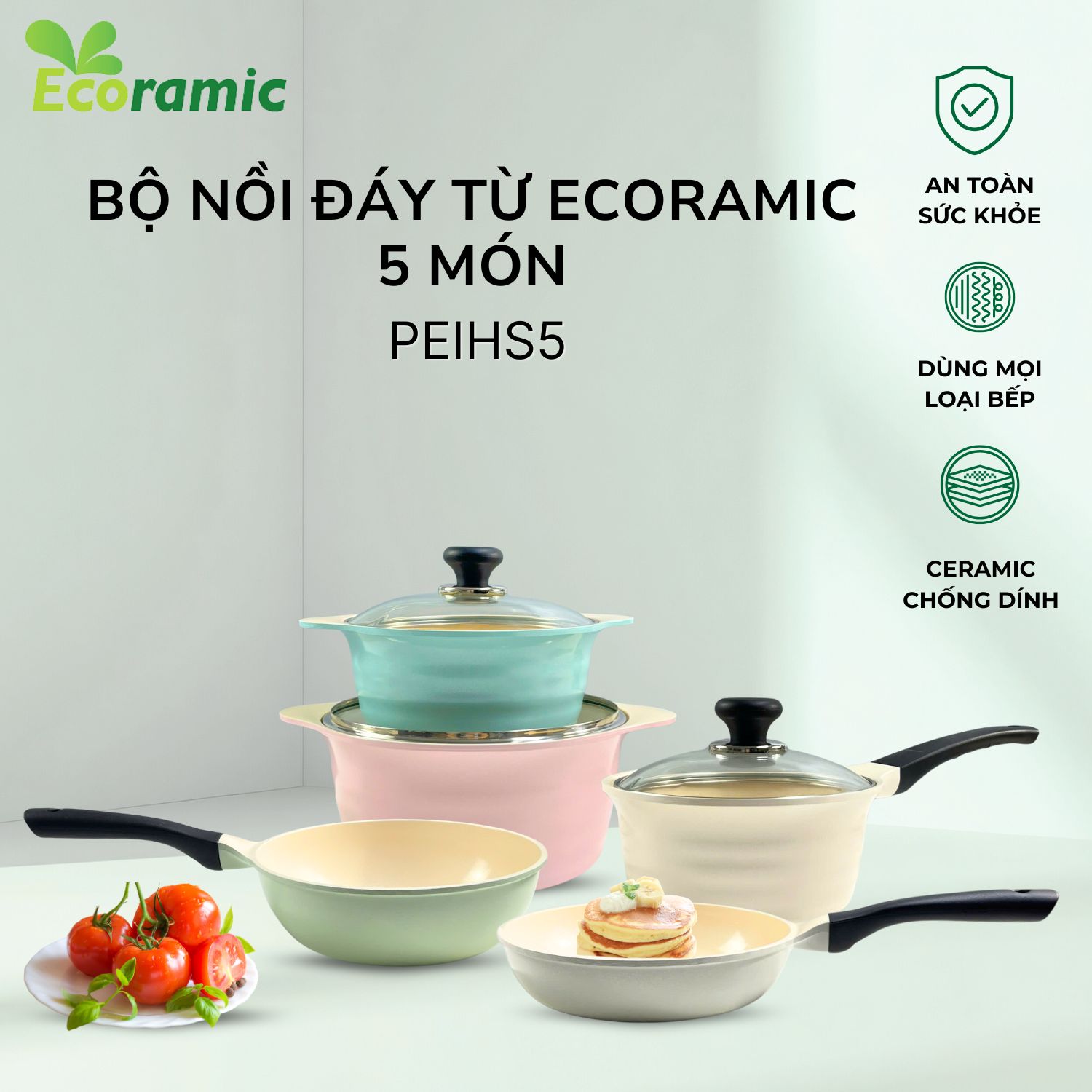 Bộ 5 nồi chảo cao cấp PEIHS5 chống dính Ecoramic có từ