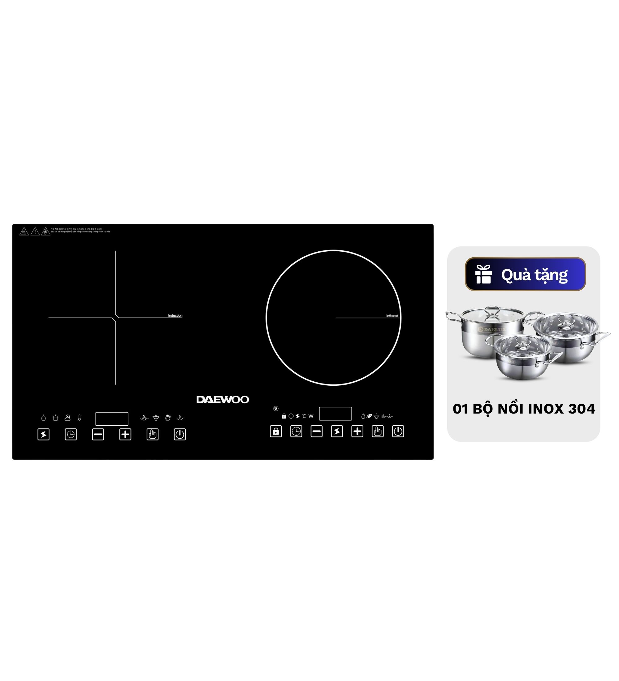 Bếp Đôi Điện Từ Hồng Ngoại Daewoo DWHB-3801C, mặt kính pha lê bóng 3800W