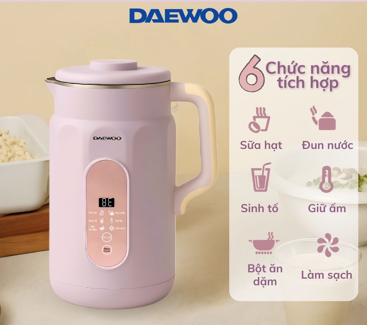 Máy Làm Sữa Hạt Daewoo DWSM-1310 1L, tặng Cẩm Nang 50 Công Thức - Máy Xay Nấu Đa Năng BH 2 năm