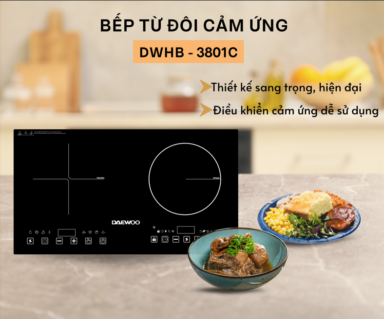 Bếp Đôi Điện Từ Hồng Ngoại Daewoo DWHB-3801C, mặt kính pha lê bóng 3800W