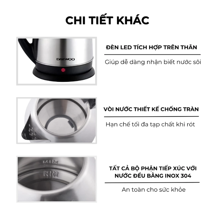 [Urbox] Ấm siêu tốc inox 304 Daewoo 1.8l - BH 2 năm