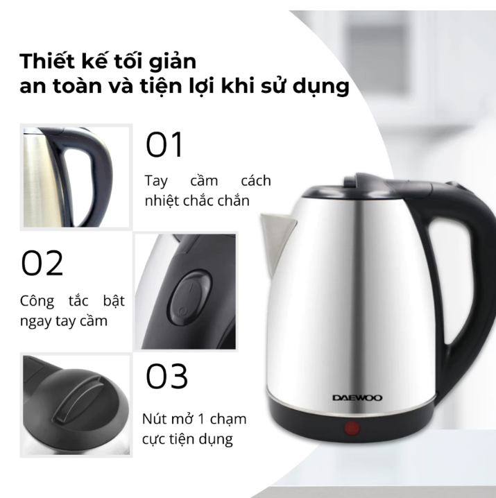 [Urbox] Ấm siêu tốc inox 304 Daewoo 1.8l - BH 2 năm
