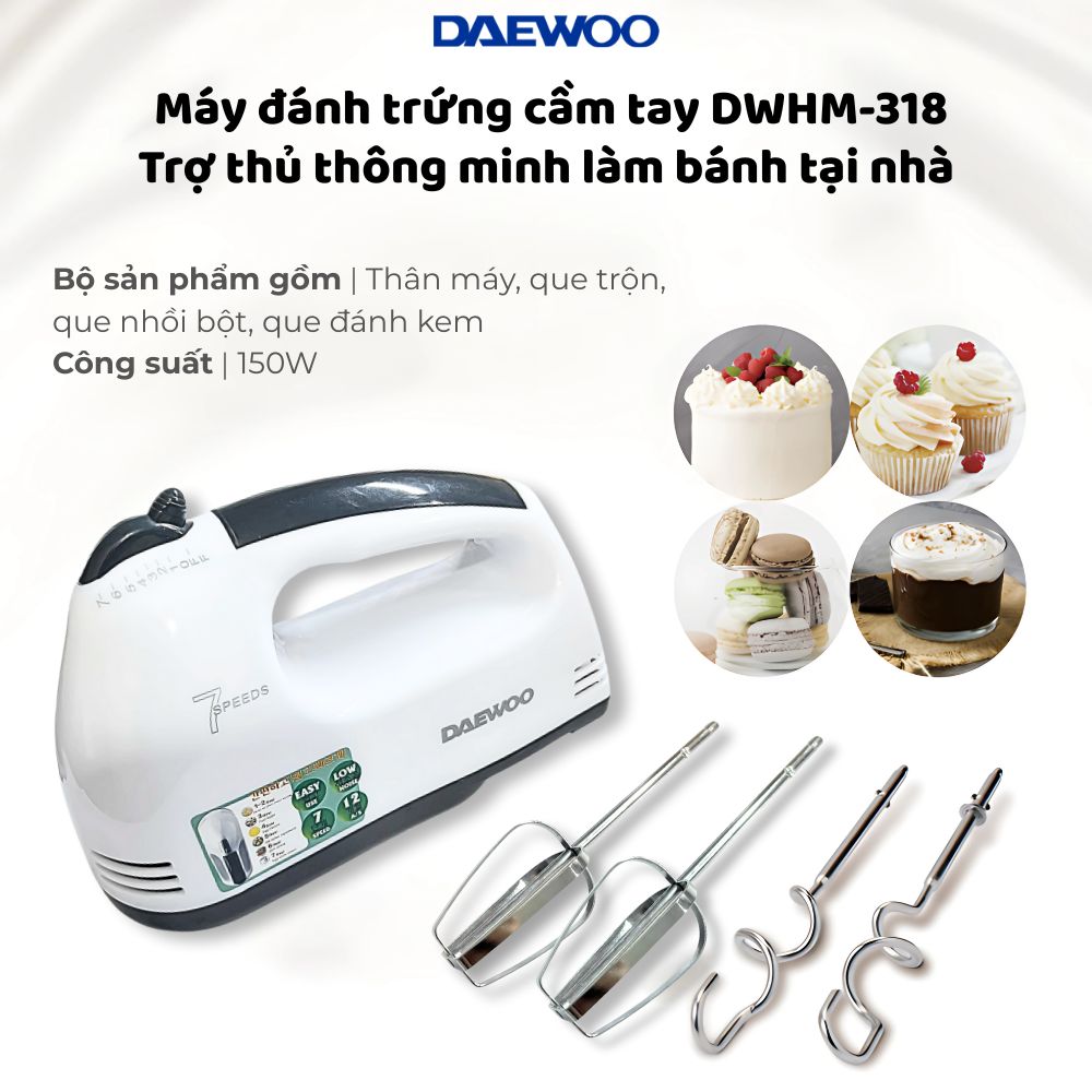 Máy đánh trứng DAEWOO DWHM-318 công suất 150W, que đánh inox, bảo hành 1 năm