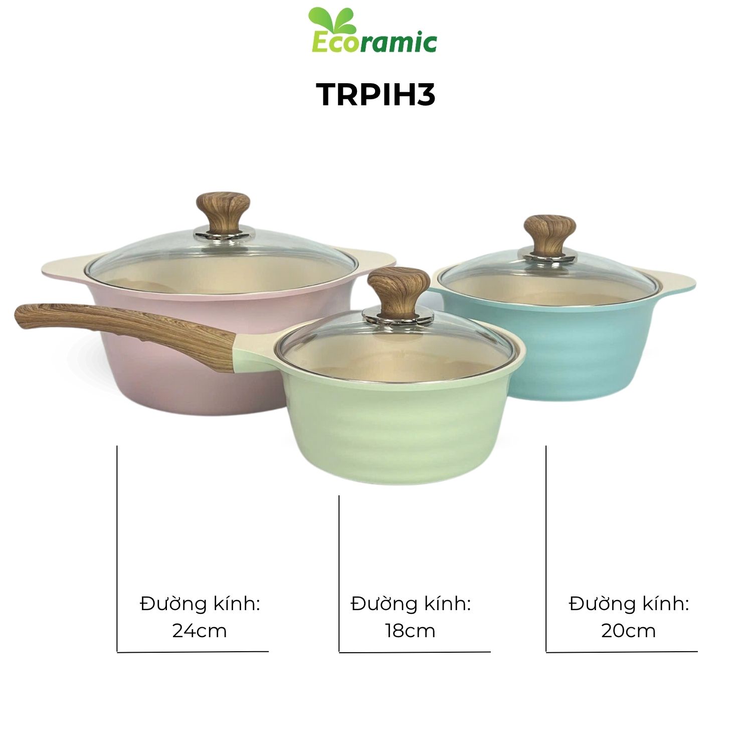 Bộ 3 Nồi Đáy Từ Ecoramic Cao cấp TRPIH3 - Chất liệu hợp kim nhôm cao cấp, men chống dính, thiết kế sang trọng