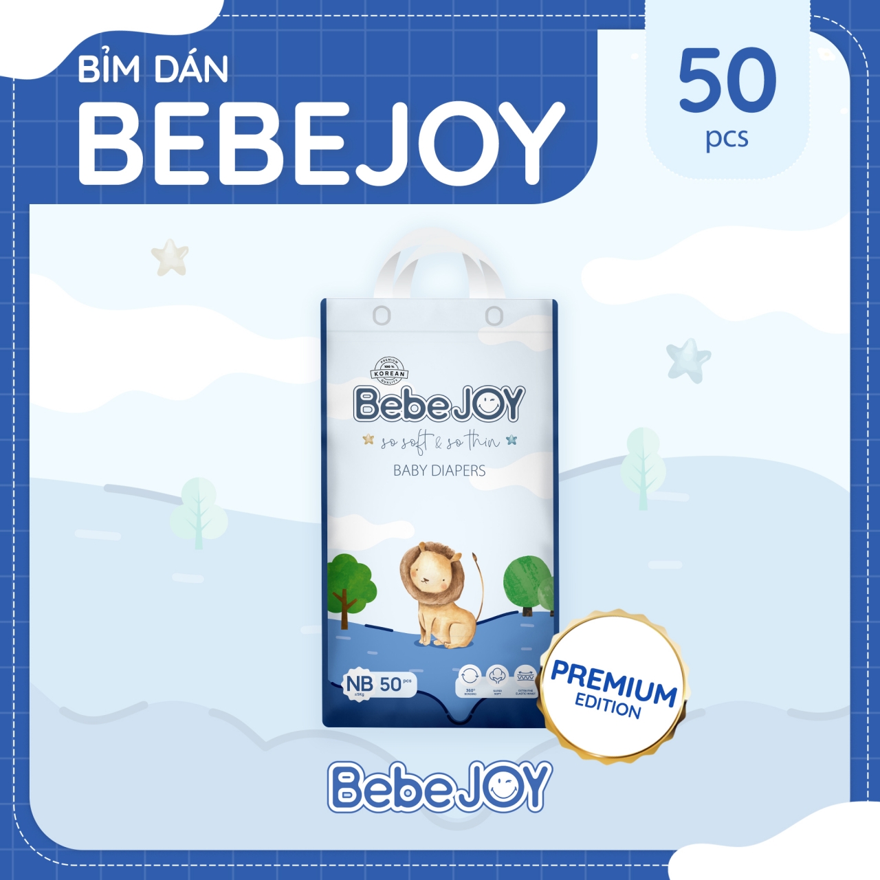 BebeJOY Premium - Bỉm dán - Size NB - <5kg - 50 miếng