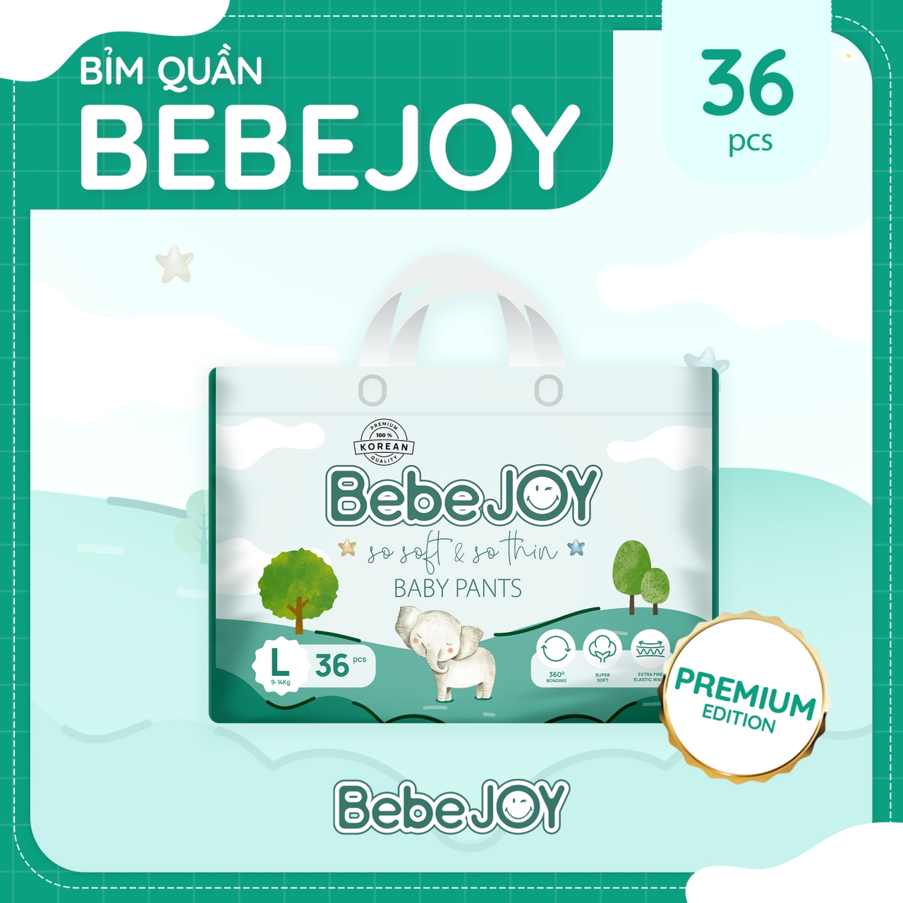 BebeJOY Premium - Bỉm quần - Size L - 9-14kg - 36 miếng