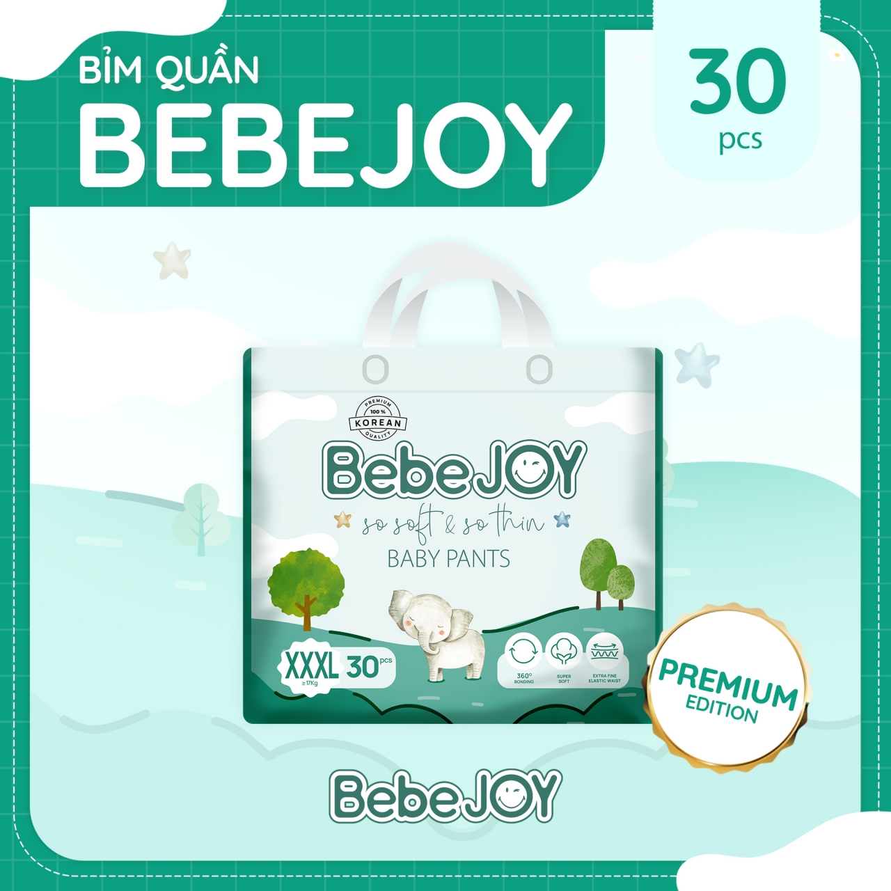 BebeJOY Premium - Bỉm quần - Size XXXL - 18kg++ - 30 miếng