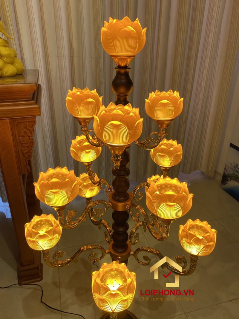 Đèn thờ hoa sen 13 bông bằng lưu ly cao cấp