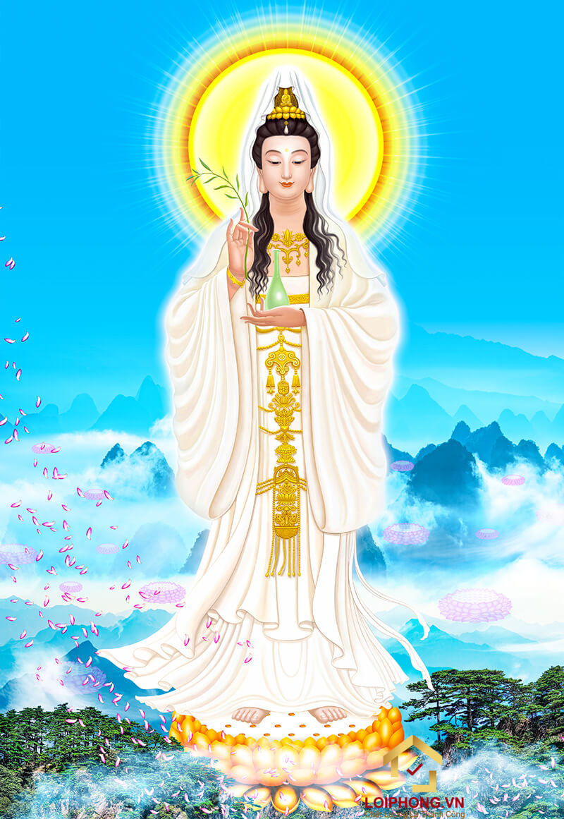 Phật Quan Thế Âm Bồ Tát đứng trên đài hoa sen