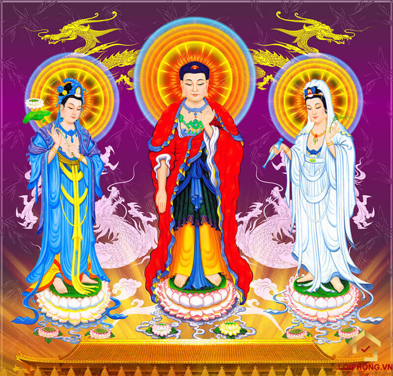 Phật A Di Đà cùng hai vị Bồ Tát là Quán Thế Âm và Đại Thế Chí