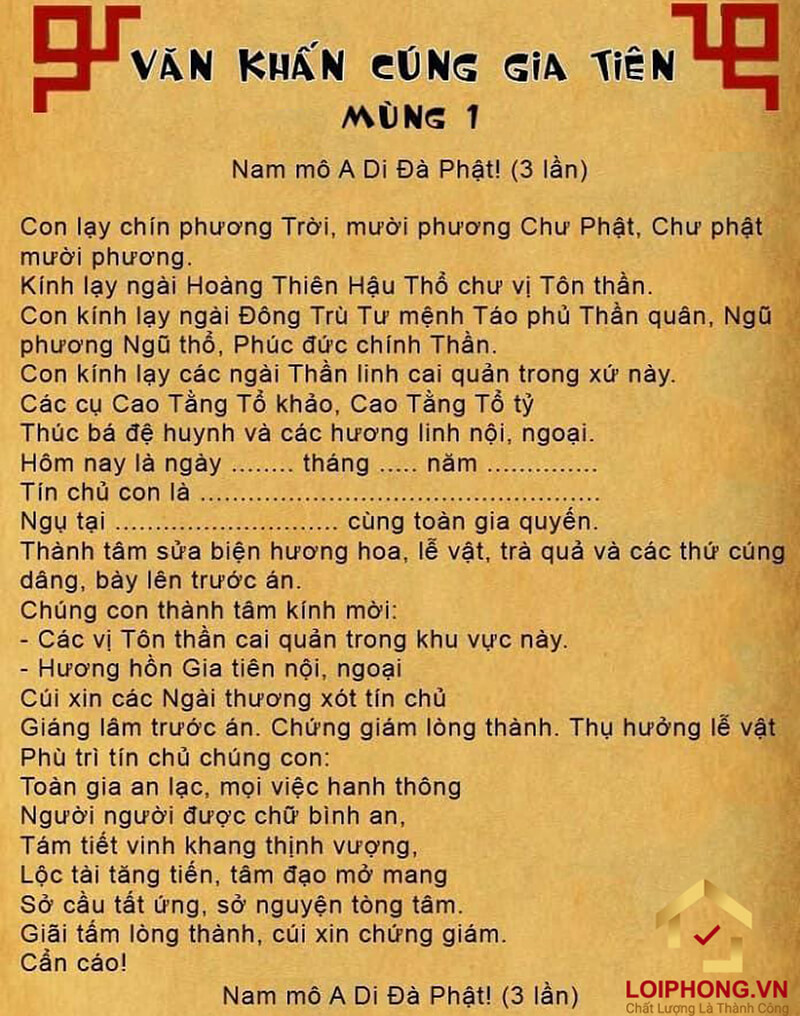 Văn khấn gia tiên mùng 1