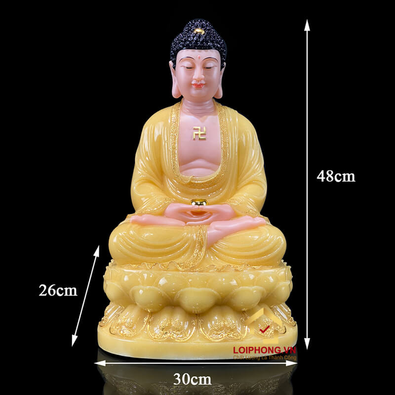 Tượng Phật A Di Đà Ngồi Đế Hoa Sen Bằng Bột Đá Thạch Anh Viền Vàng cao 30 - 65cm
